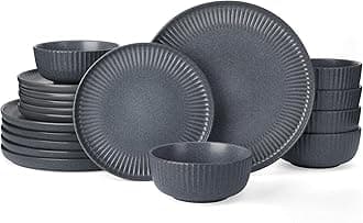 Famiware Starlight Plates and Bowls Dishes Set of 6 (18 Pieces), Ribbed Textured Stoneware Dinnerware Sets- Dishwasher & Microwave Safe, Chip Resistant, Matte Midnight Grey