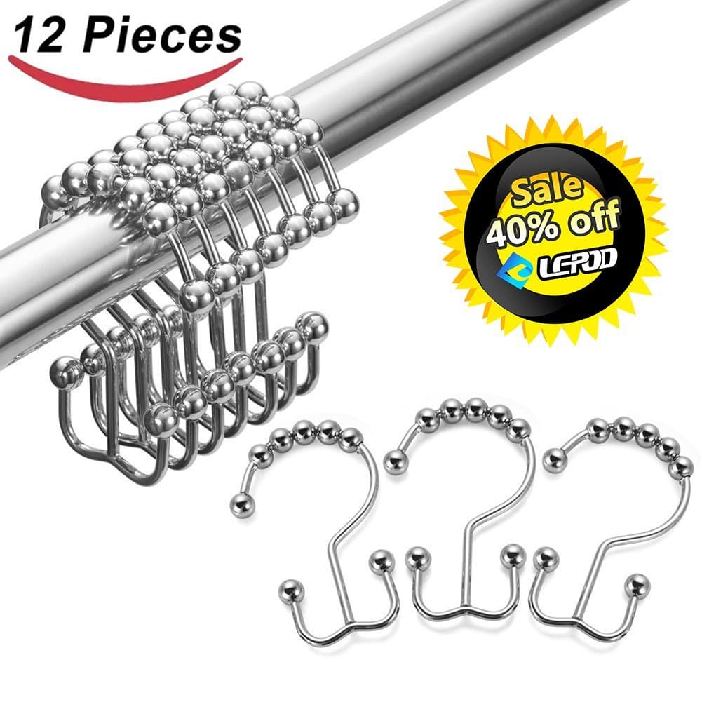 Lepod Double Glide Roller Shower Curtain Rings / Hooks, 100% High Quality Stainless Steel, Polished Chrome, Set of 12