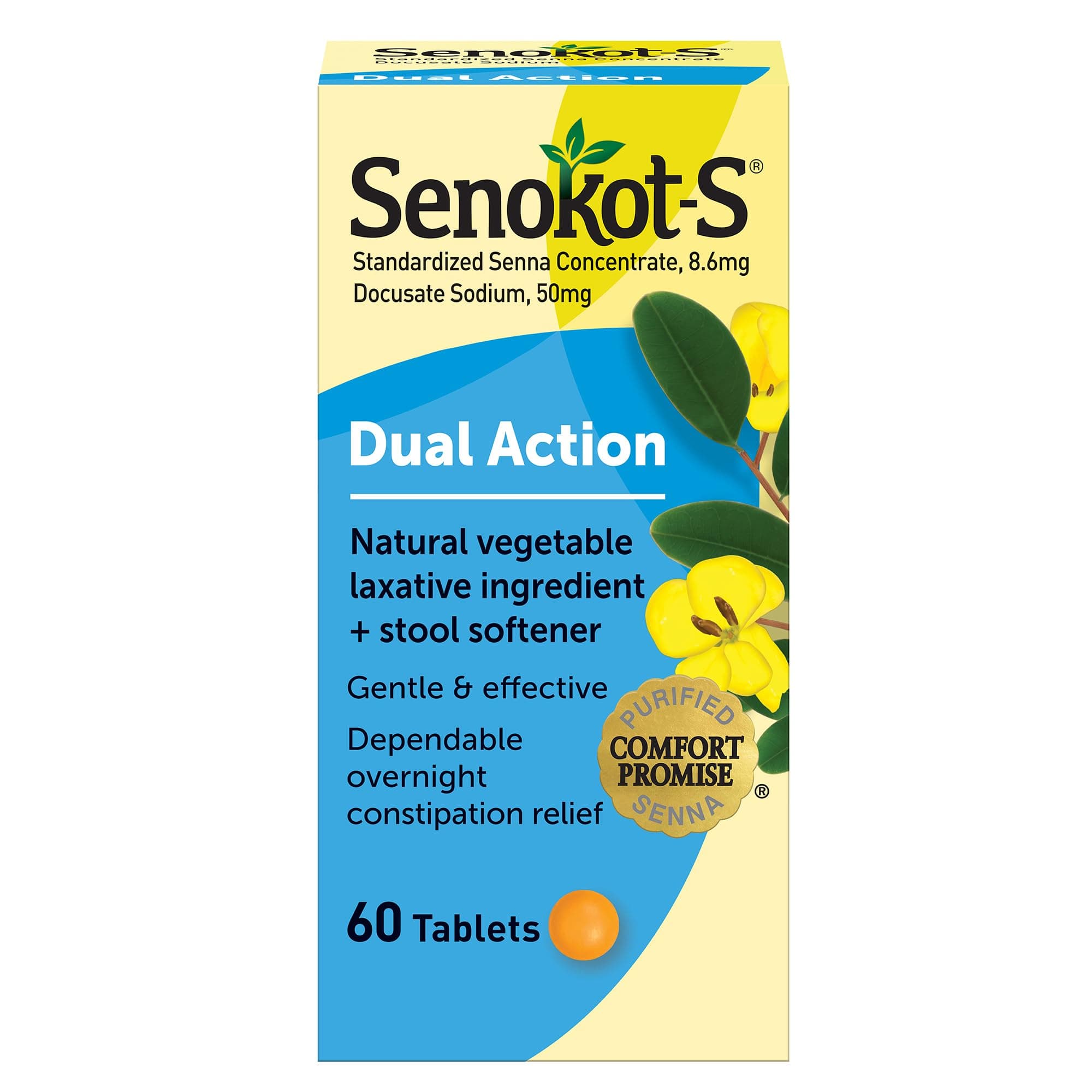S Dual Action 60 Tablets, Natural Vegetable Laxative Ingredient Plus Stool Softener Tablets, Gentle Dependable Overnight Relief of Occasional constipation White