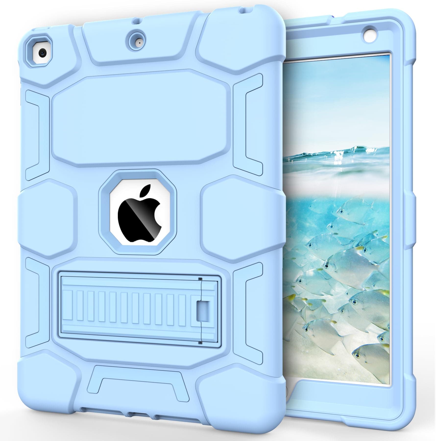 CCMAO for iPad 9th Generation Case, iPad 8th 7th Generation Case, iPad 10.2 Inch 2021/2020/2019 Case, Heavy Duty Rugged Shockproof Protective Cover with Kickstand for Kids Boys Girls, Light Blue