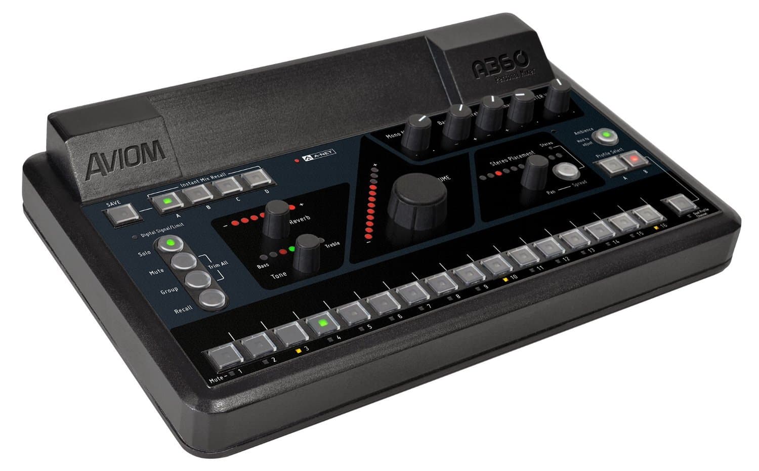 A360 Personal Mixer, 36-Channel Mix Engine, 1/4" & 1/8" TRS Stereo Mix Out, 2-22kHz Frequency Response, 32 Ohms Output Impedance