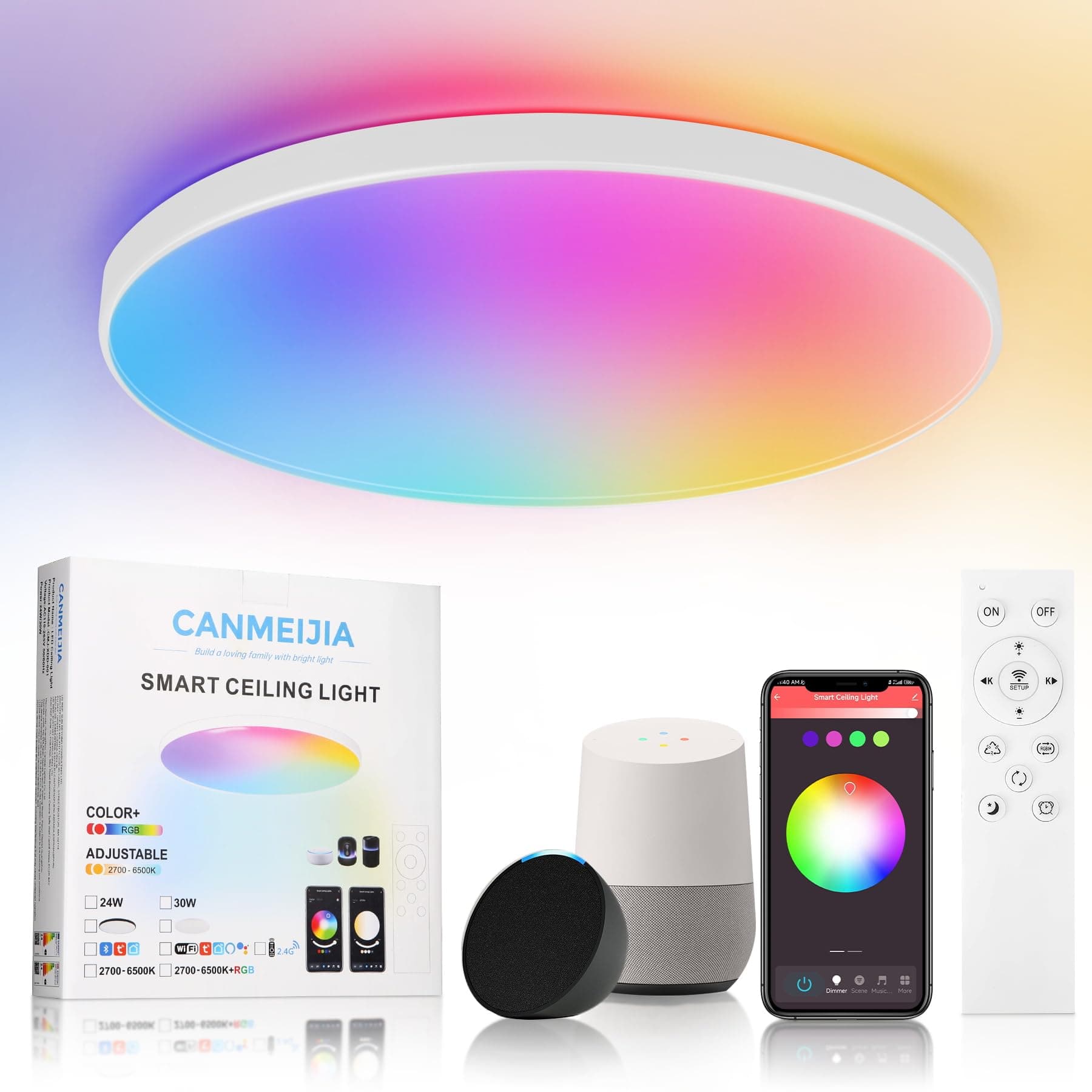 CANMEIJIA RGB Flush Ceiling Light 24W, Bluetooth Smart Ceiling Light White Border, APP Changes 16 Million Colors, 3000K-6500K Color Temperature, IP44 Protection, 2.4G Induction Dimming For Bedroom