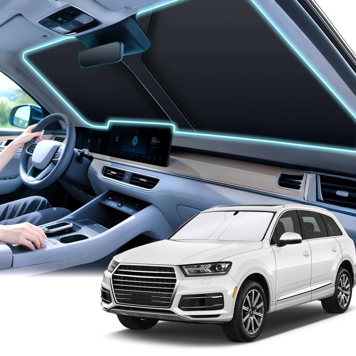 SINGARO 300T Universal Car Windshield Sun Shade, Foldable Reflective for Windshield & Window Shades with Overlapping Design, Car Interior Accessories (55" L x 26.7" W)