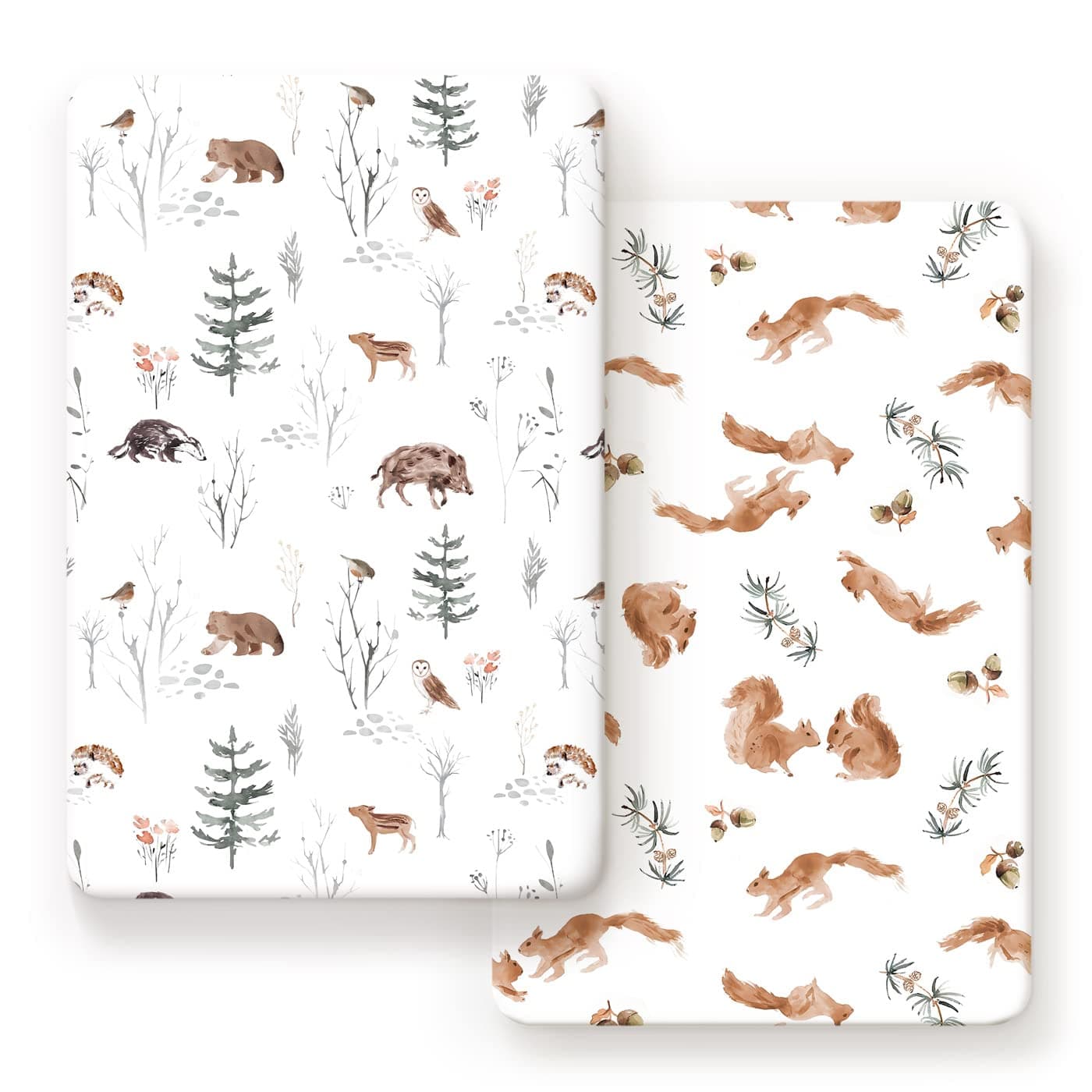 Stretchy Ultra Soft Jersey Knit Fitted Pack n Play Sheets Set 2 Pack, Portable/Mini Crib Sheets for Boys and Girls, Cute Jungle Squirrels and Animals