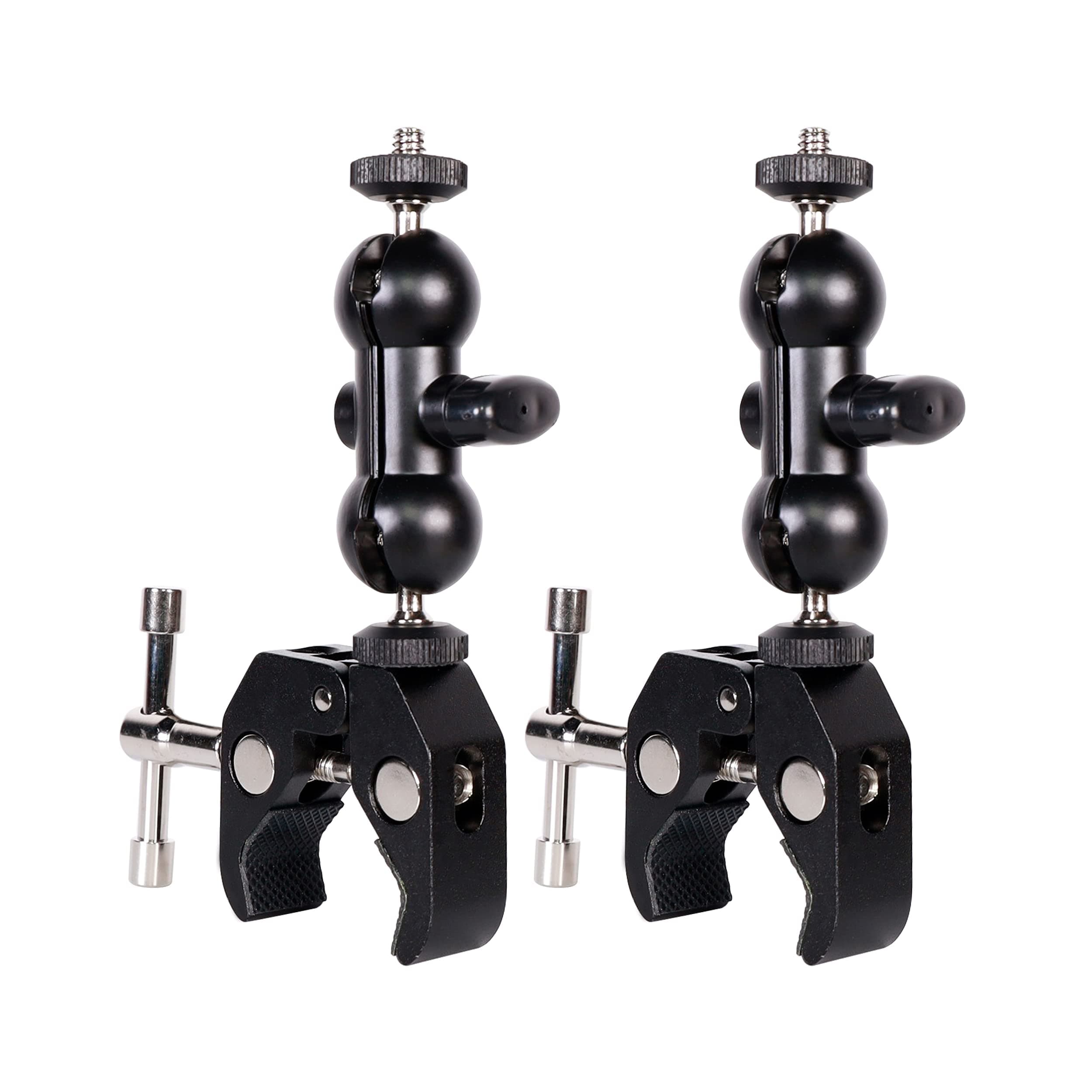 Cool Dual Ball head Magic Arm Adapter Camera Clamp Mount Super Clamp with 1/4 and 3/8 Thread, for DSLR Camera Rig, LED Light, Flash Light, Action Cam, 2Pack