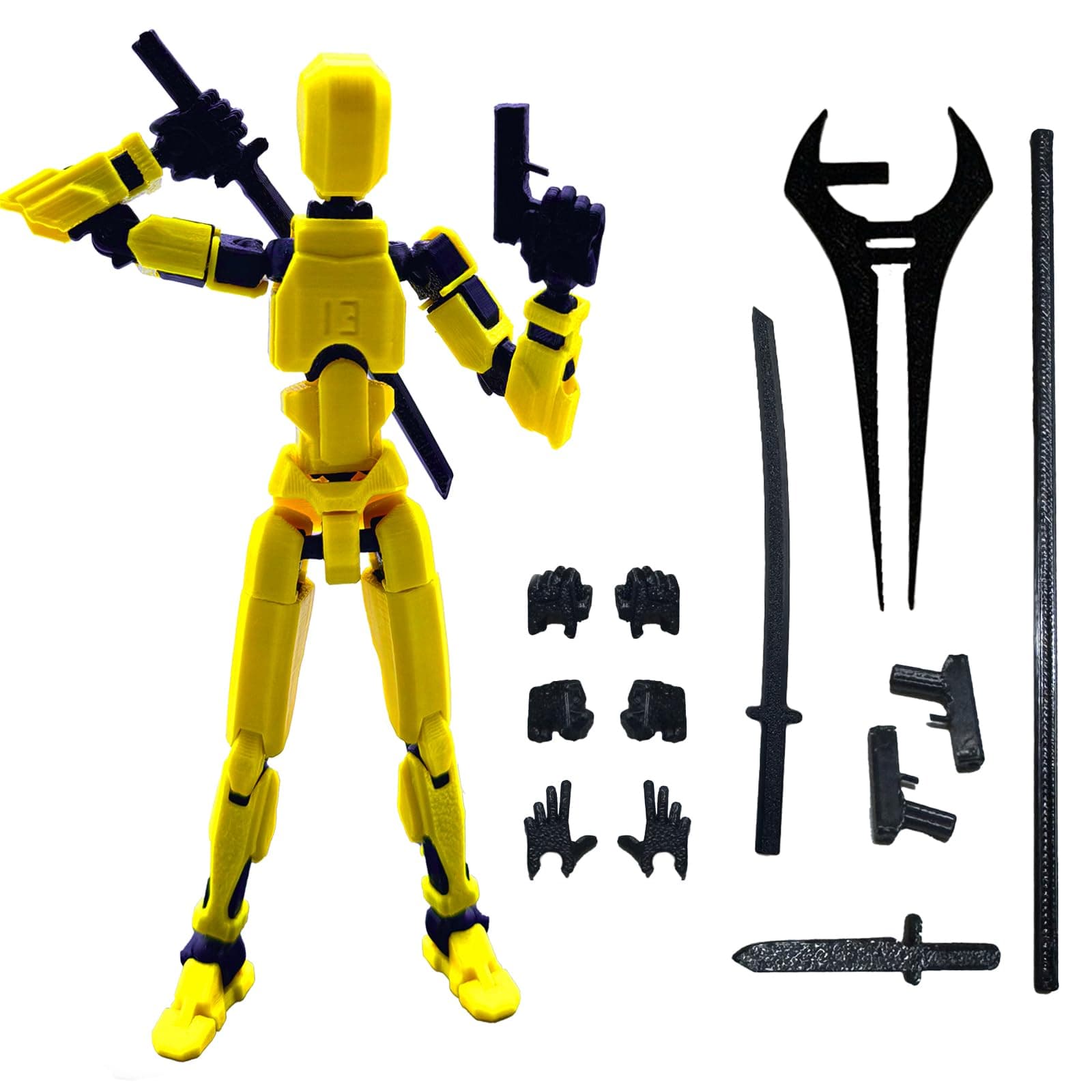 3D Printed 5.54-inch Multi-Jointed Action Figures Dummy13, Full Body Mechanical Movable Toy, Multiple Accessories, Hand Painted Figure, Desk Decoration, Creative Gifts (Bright Yellow)
