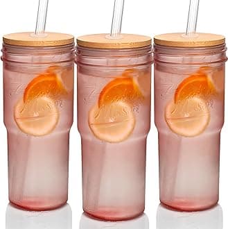 ANOTION Pink Glass Cups with Lids and Straws - 24oz Travel Coffee Mug Wide Mouth Mason Jar Iced Coffee Cup Smoothie Cup Glass Tumbler Tea Cup Clear Cute Water Cups Colorful Drinking Glasses