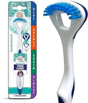 Dual Action Tongue Scraper (1 Pack), 2-in-1 Tongue Scraper & Soft Bristled Tongue Brush, Deep Cleans Tongue & Fights Bad Breath - Color Varies