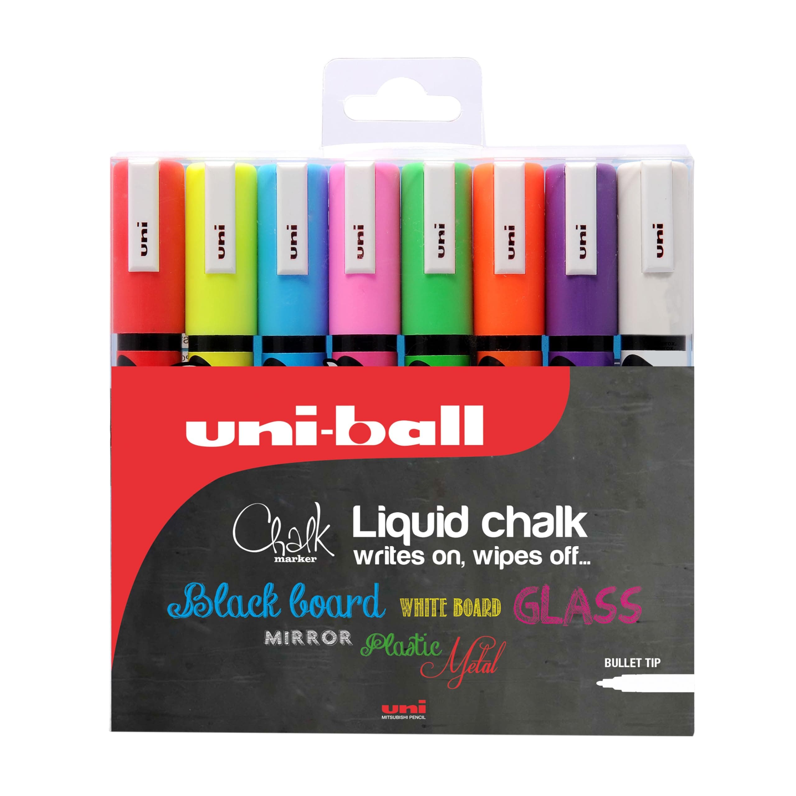 uni-ball PWE-5M Liquid Chalk Pens. Multi-Purpose Wipeable Coloured Markers for Blackboards, Chalkboards, Whiteboards, Glass, Mirrors, Plastic, Windows, Metal. Safe for Kids. Bullet Tip. 8 Pack