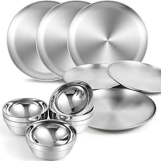 304 Stainless Steel Plates and Bowls Metal Camping Plates Reusable 13 oz Steel Snack Bowls Dinner Dishes Double Walled Insulated Metal Dinnerware(6 Sets,8 x 8 Inch)