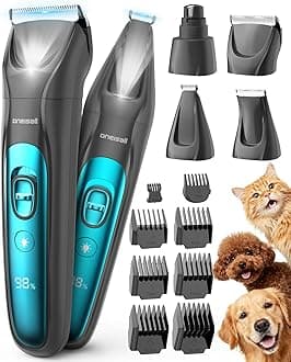 oneisall Professional Dog Grooming Kit at Home: All-in-One Quiet Clippers & Nail Grinder with LED Light, 2000mAh Cordless Dog Shaver, Safe Poodle Grooming Kit for Paws, Face, Ears & Body