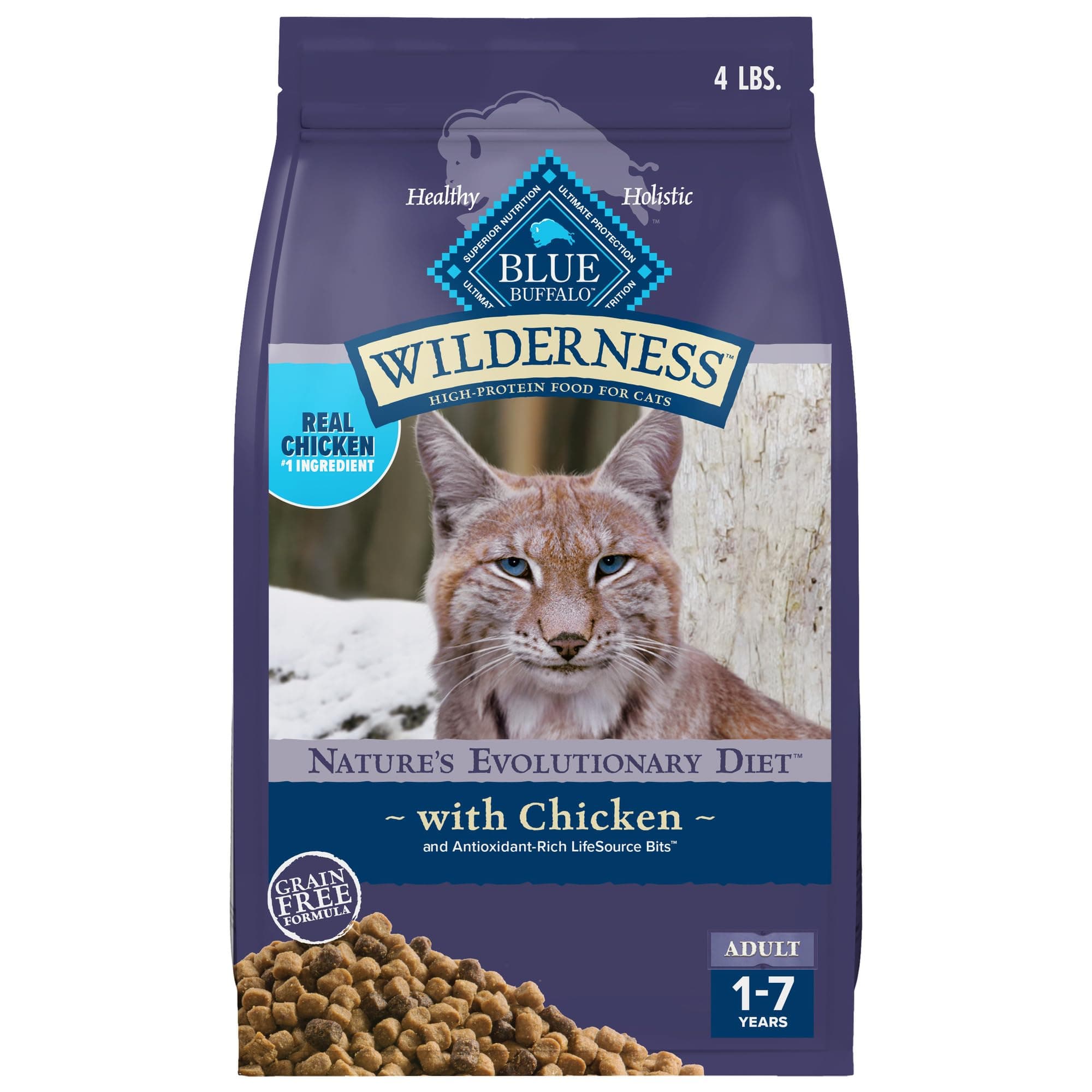 Blue Buffalo Wilderness Nature's Evolutionary Diet High-Protein, Grain-Free Natural Dry Food for Adult Cats, Chicken, 4-lb. Bag