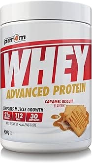 Per4m Whey Protein Powder | High Protein Shake for Muscle Growth & Recovery | Low Sugar Gym Supplement | Sports Nutrition Drink + Amino Acids (900g, Caramel Biscuit)