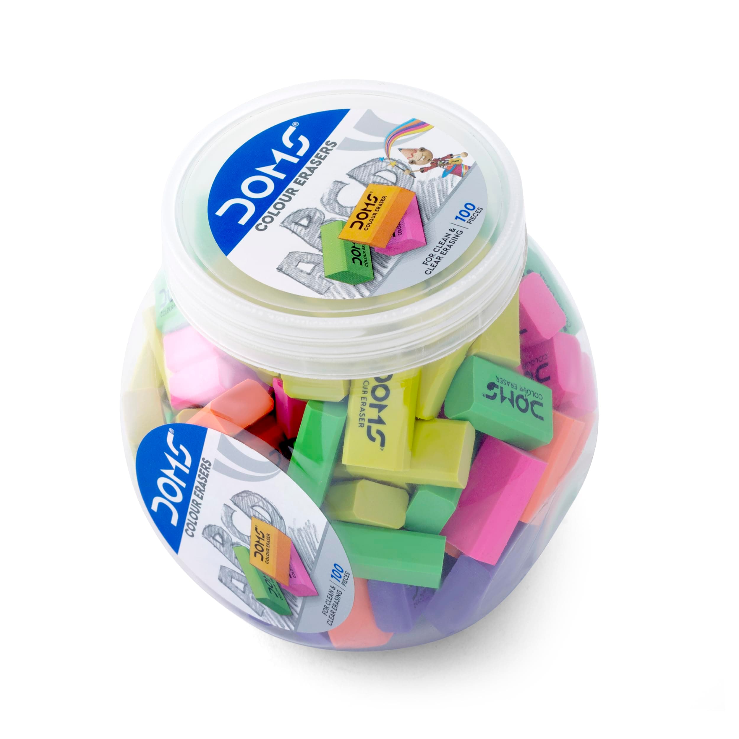 Doms Color Erasers Jar Pack | For Clean & Clear Erasing | Dust Free, Non-Toxic & Safe For Kids | Lesser Flakes & Non Messy | Vibrant Body Colors | Pack of 100 Erasers