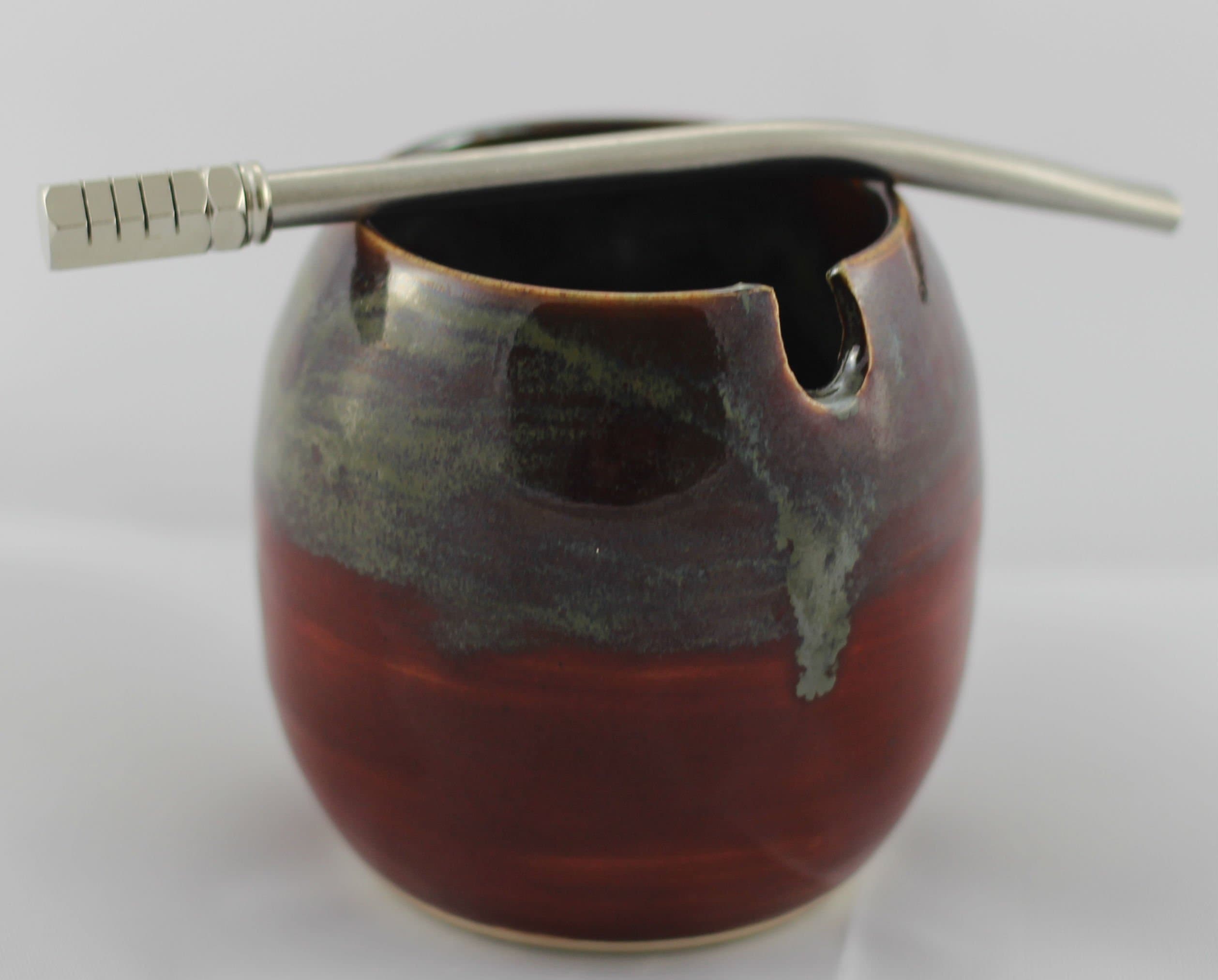 Ceramic Mate Gourd with Side Hole for Mate Straw aka Yerba Mate Cup Red Mixed Swirl with Optional Bombilla (Metal Yerba Mate Straw)