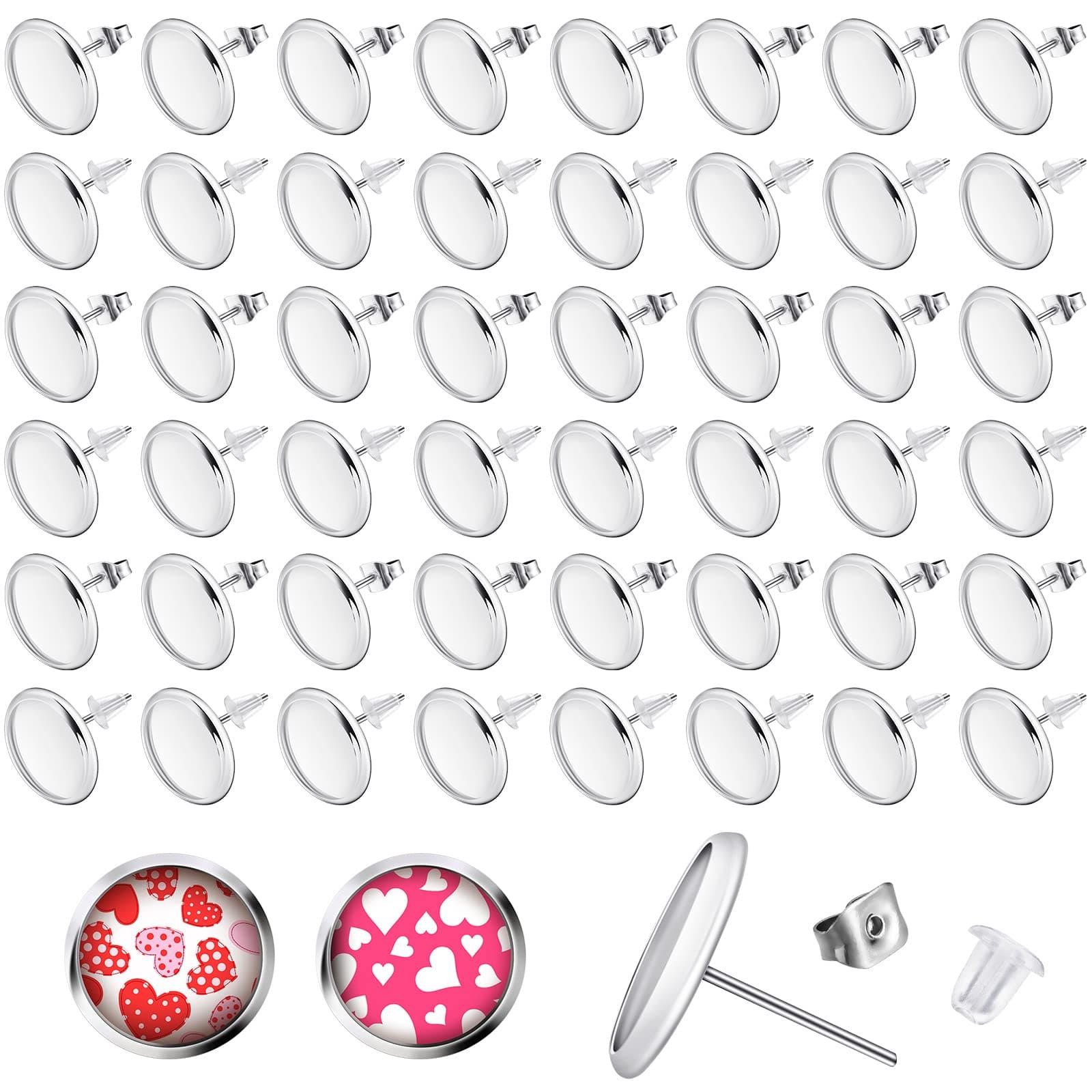 Hicarer 300 Pieces Stud Earring Kit Include 100pcs 12 mm Stainless Steel Blank Stud Earring Bezel Settings 100 Rubber Backs 100 Stainless Steel Earring Backs (Silver with Silver and Clear)