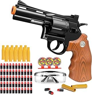Toy Revolver Gun Shell Ejecting Toy Gun, Toy Gun Pistols with 80 Soft Bullets, 12 Shells, 1 Goggles and 3 Targets, Educational Model Toys Shooting Games Gifts for Boys and Girls, Kids 6+ Years Old