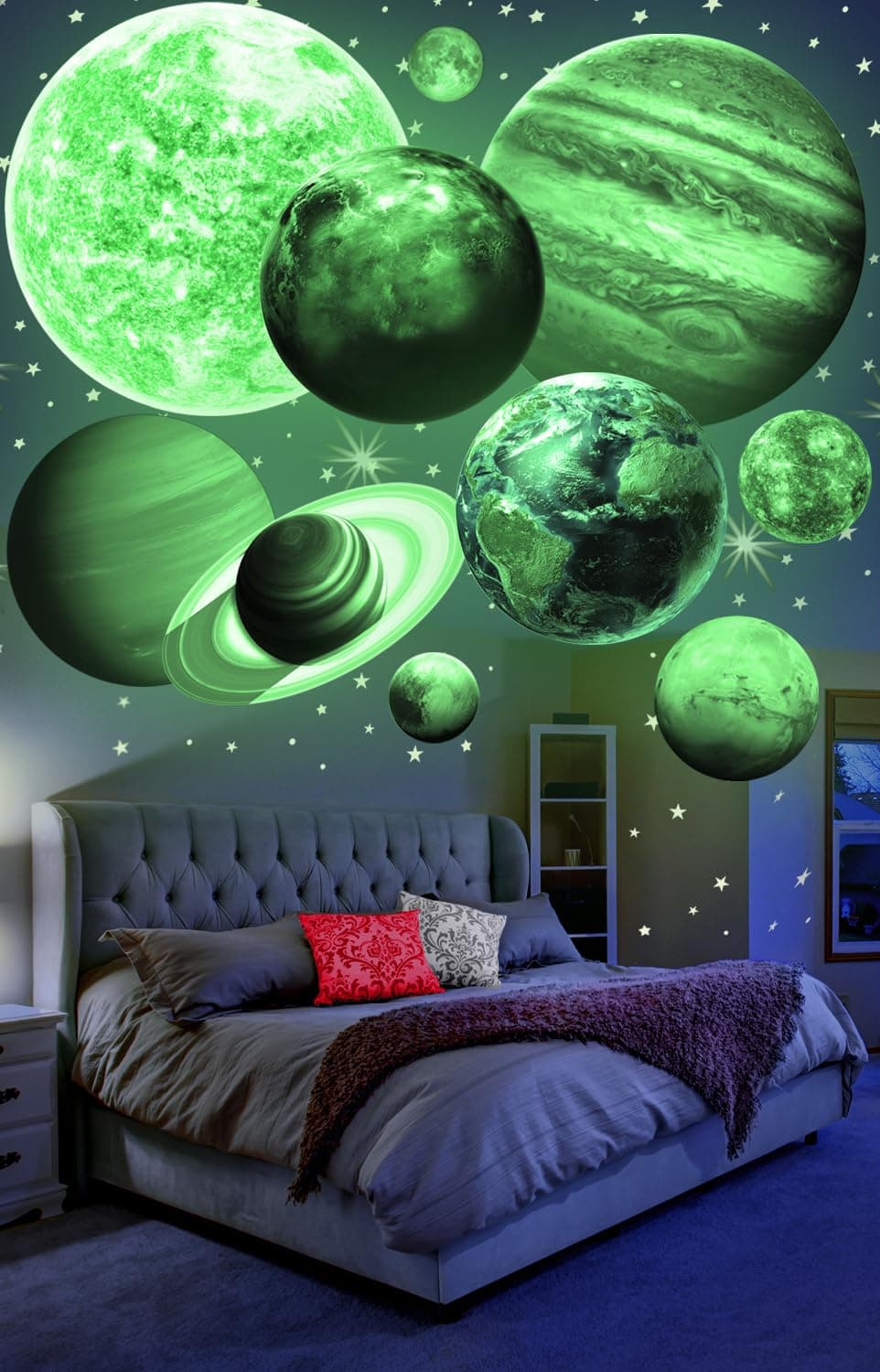 MAFOX Glow in The Dark Planets, Bright Solar System Wall Stickers -Sun Earth Mars and so on,9 Glowing Ceiling Decals for Bedroom Living Room,Shining Space Decoration for Kids for Girls and Boys