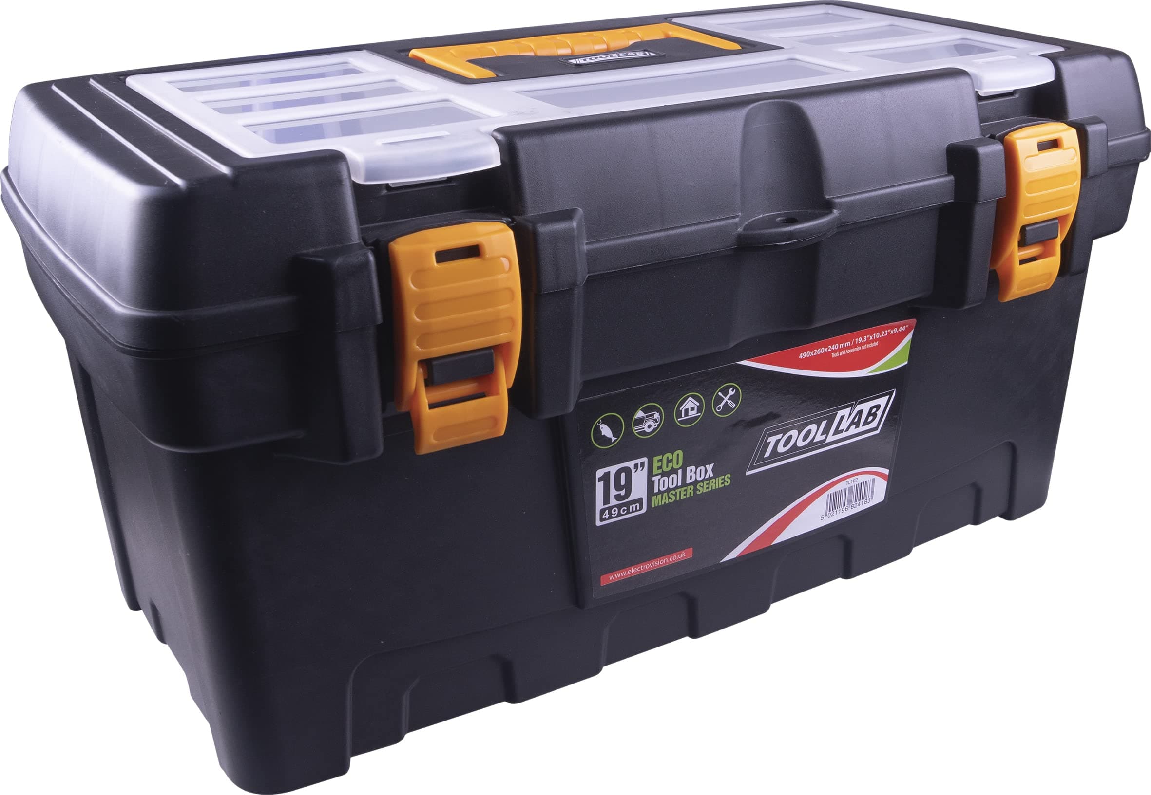 Eco Master Series tool boxes with removable tote tray and organiser compartments built into the lid. With sturdy plastic catches and carrying handle (19 Inch)