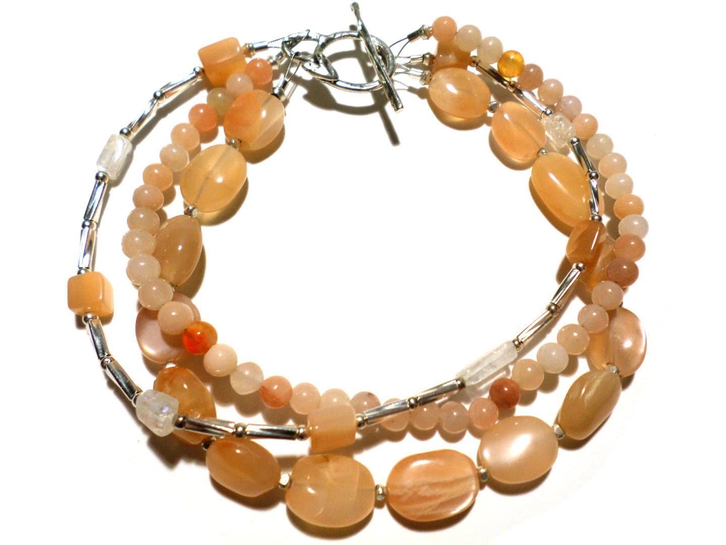 Peach Moonstone and Sterling Silver Bracelet