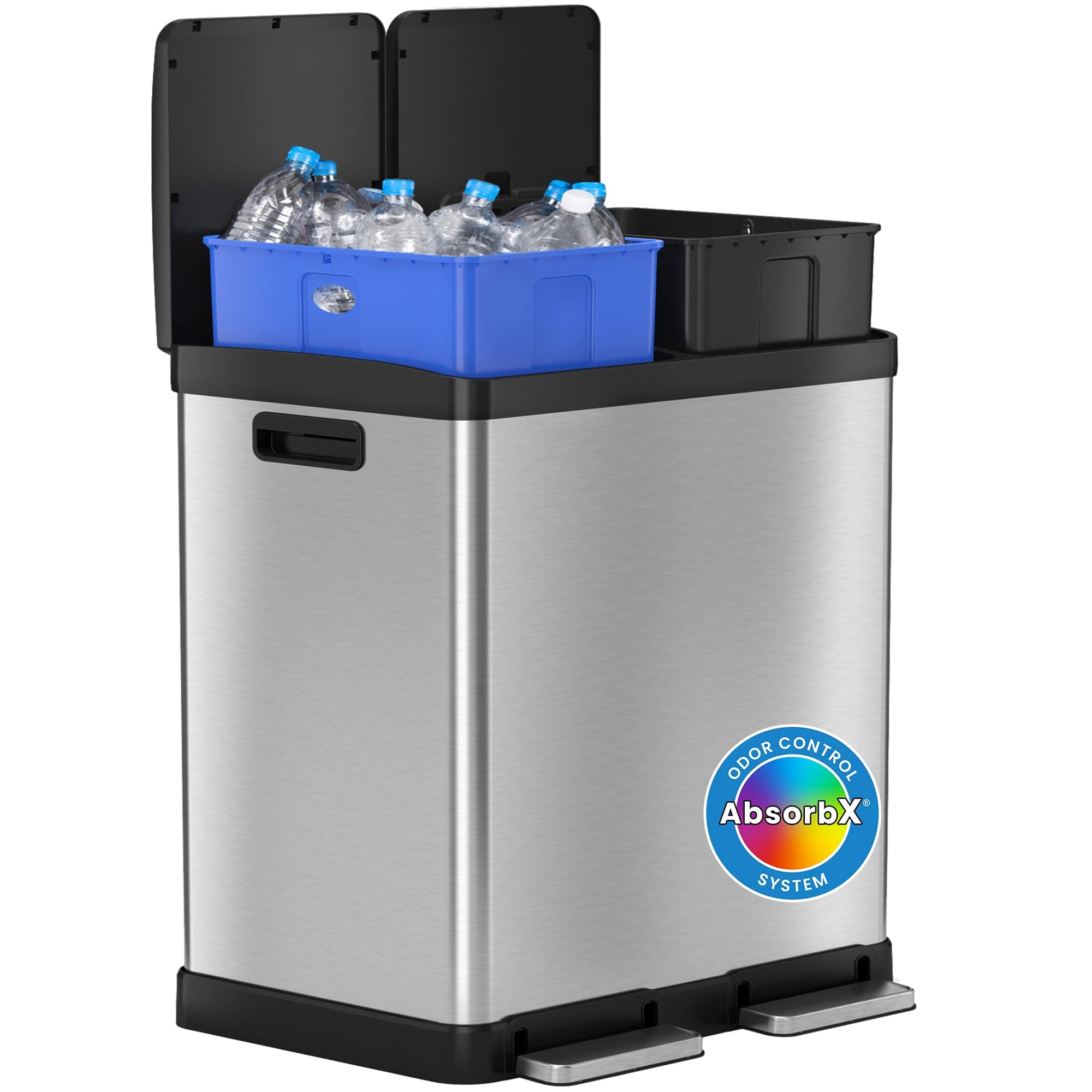 iTouchless 16 Gallon Dual Step Trash Can and Recycle Bin with Lid, Stainless Steel Kitchen Garbage 2 Compartment Sorting, Odor Control Filter, AirNova Silent Close, Fingerprint-Proof, Matte Silver