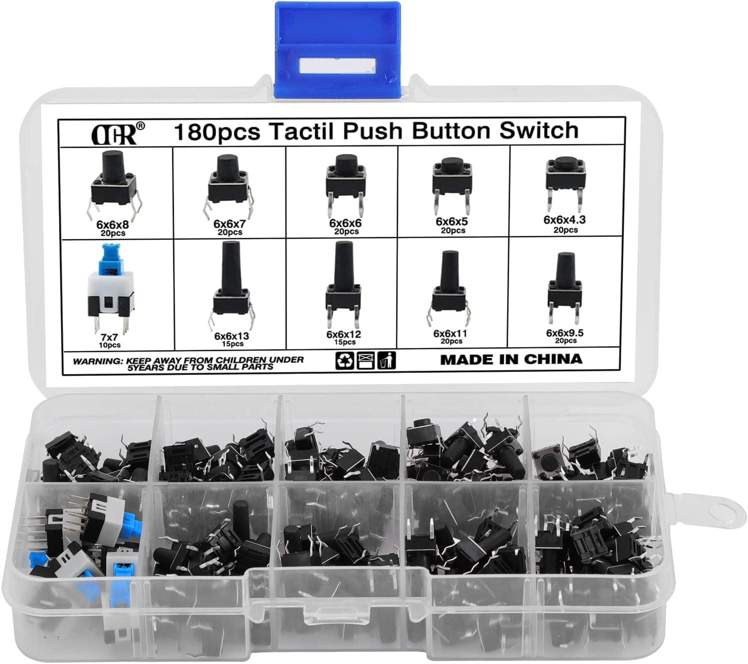 OCR 180Pcs Tactile Push Button Switch Assortment Kit, 10 Values 6x6mm 4-Pin Micro Momentary Tact Switch Set