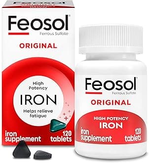 Feosol Original Iron Supplement Tablets, Non-heme, 325mg Ferrous Sulfate (65mg Elemental Iron) per Iron Pill, 1 Per Day, 120ct, 4 Month Supply, For Energy and Immune System Support, Made in USA