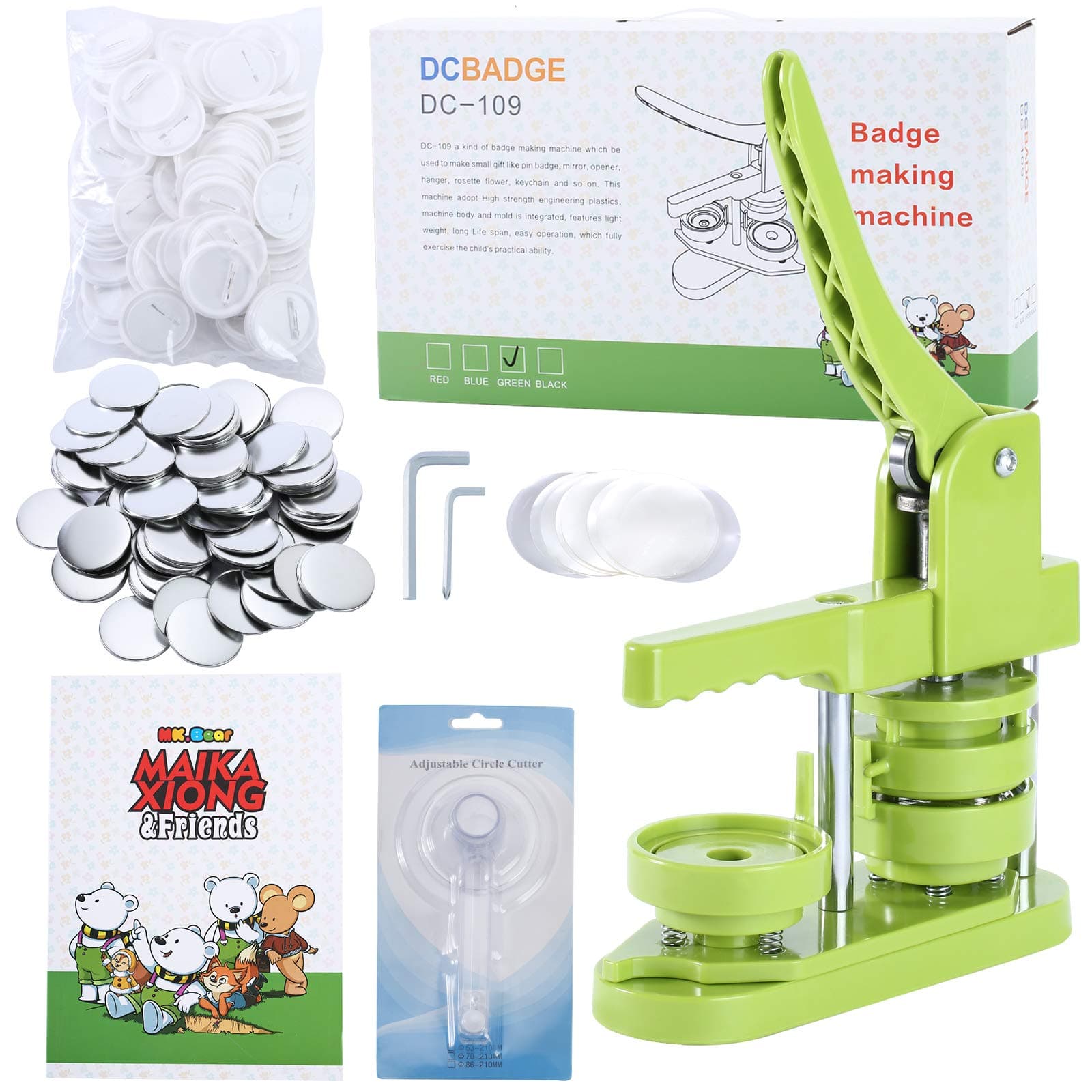 58mm (2¼ in) DIY Pin Button Maker Machine - Green - Plastic - Badge Maker - 201 Pieces