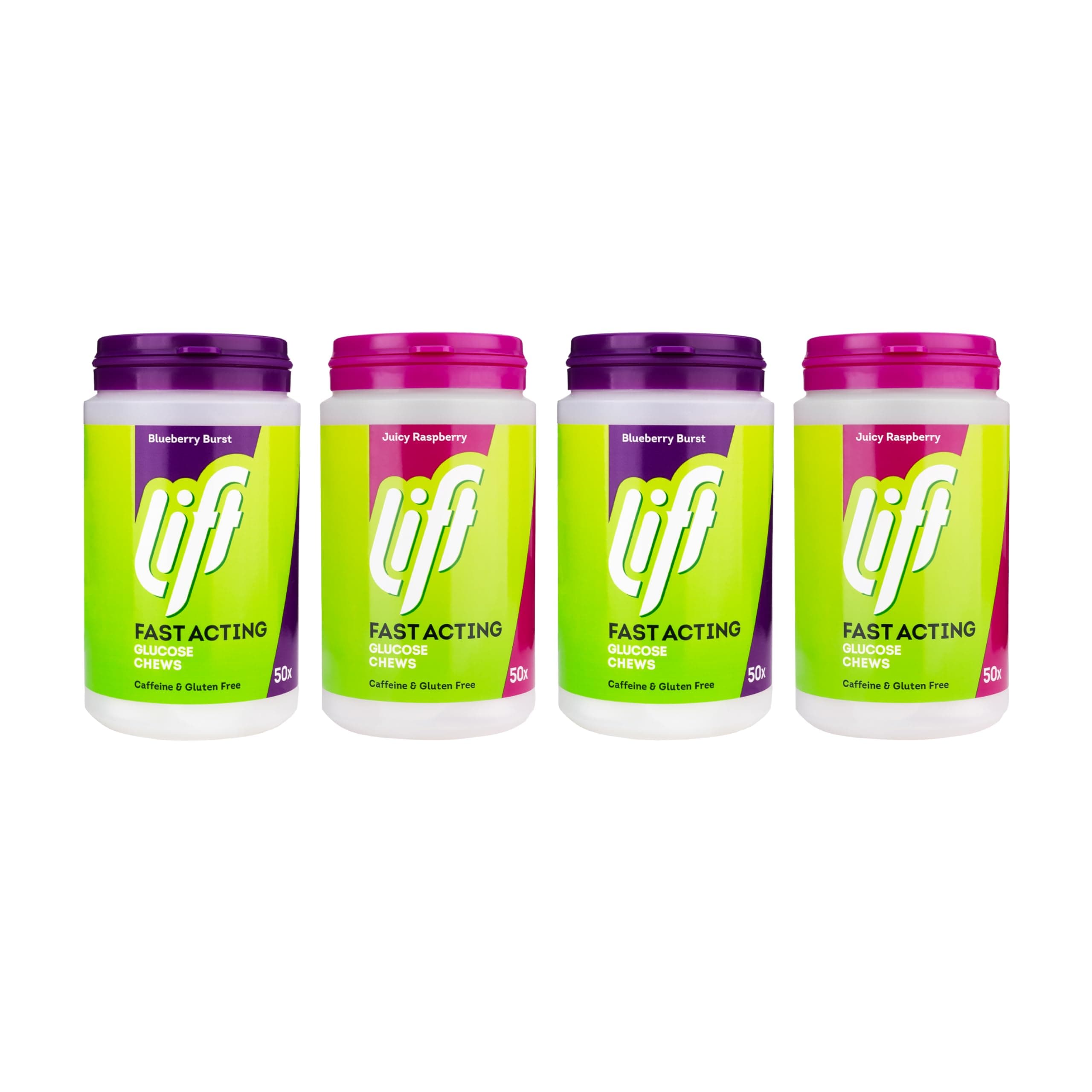 Lift Fast-Acting Glucose Chewable Energy Tablets, Mixed Raspberry and Blueberry, 4 Pack of 50-Tablet Tubs