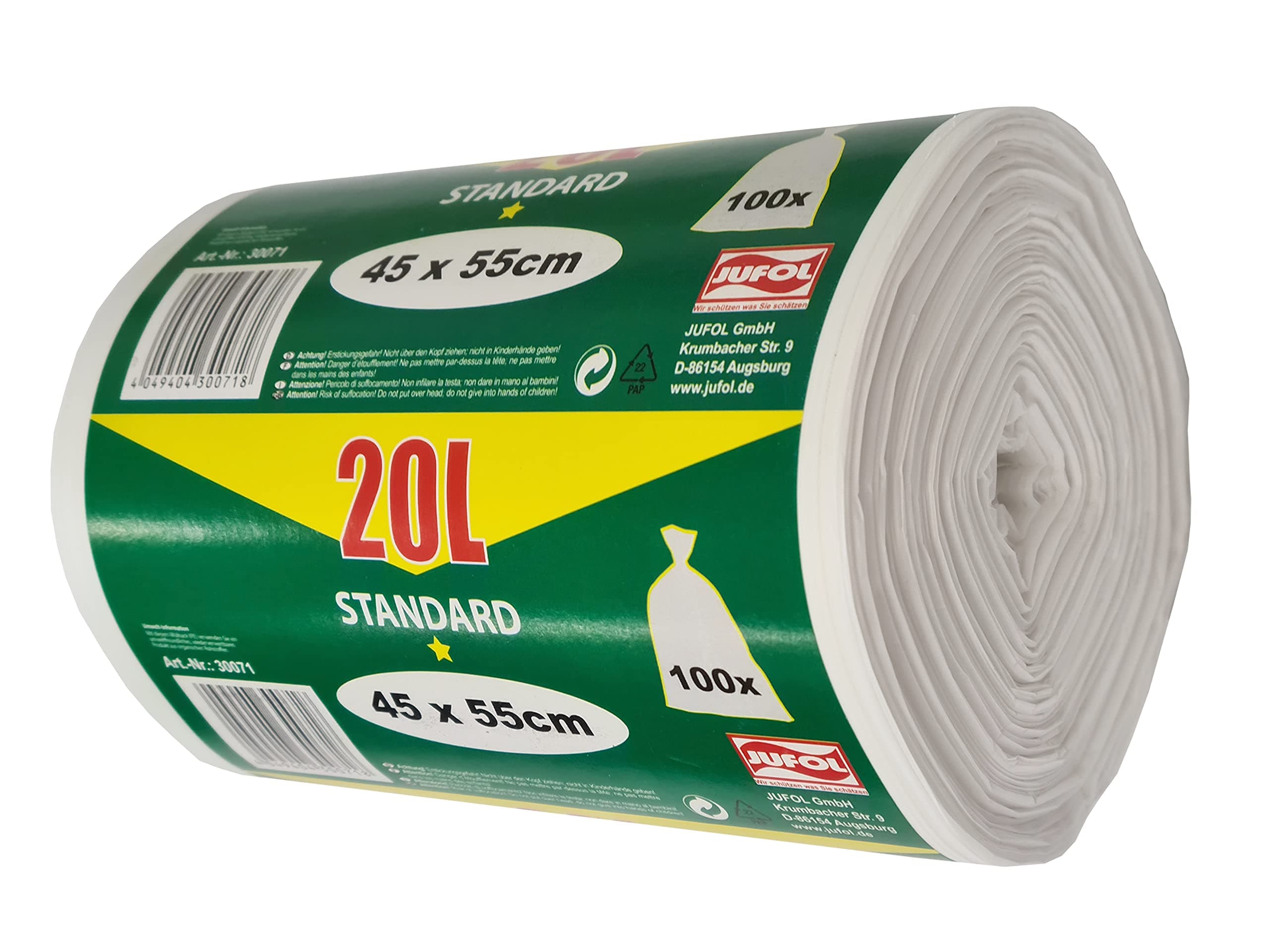 Jufol Bin Liners - 20L - 100 Bags on a roll - 450 x 550 mm 1 Item, 30071, 30071