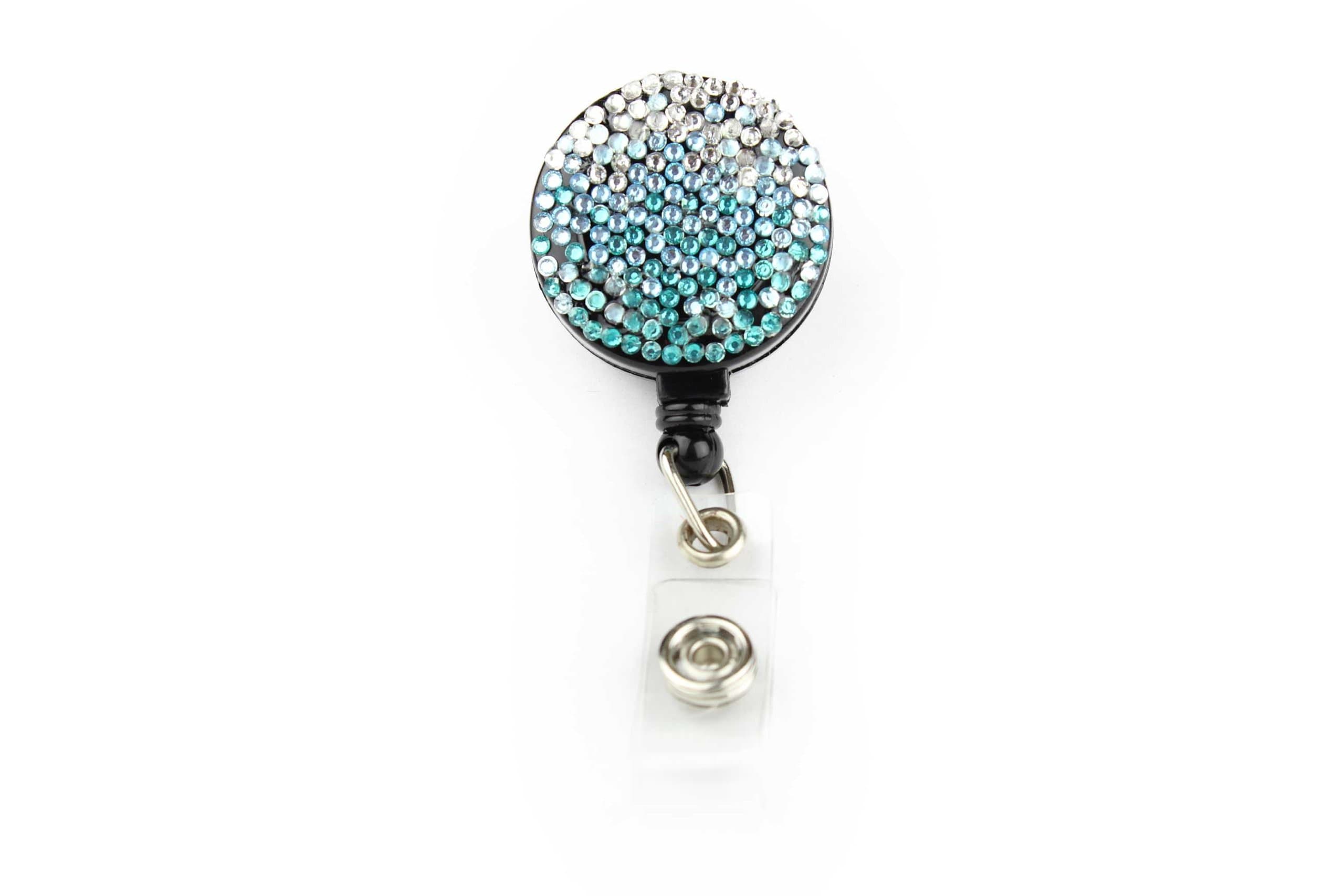 Waterfall Pull Reel Retractable ID Badge Holder with Rhinestones Blue