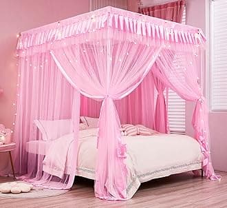 Bed Canopy for Girls,Canopy Bed Curtains Canopy for Bed Drapes,Princess Bed Curtains Birthday Present Girls Room Decor,Pink
