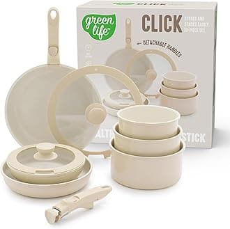 10 Piece Nonstick Pots & Pans Set, Detachable Handle & Stackable Cookware Set, Non Toxic PFAS-Free Skillets, Induction Kitchen Pans, Space Saving, Serving Bowls, Oven Safe, Speckled Cream