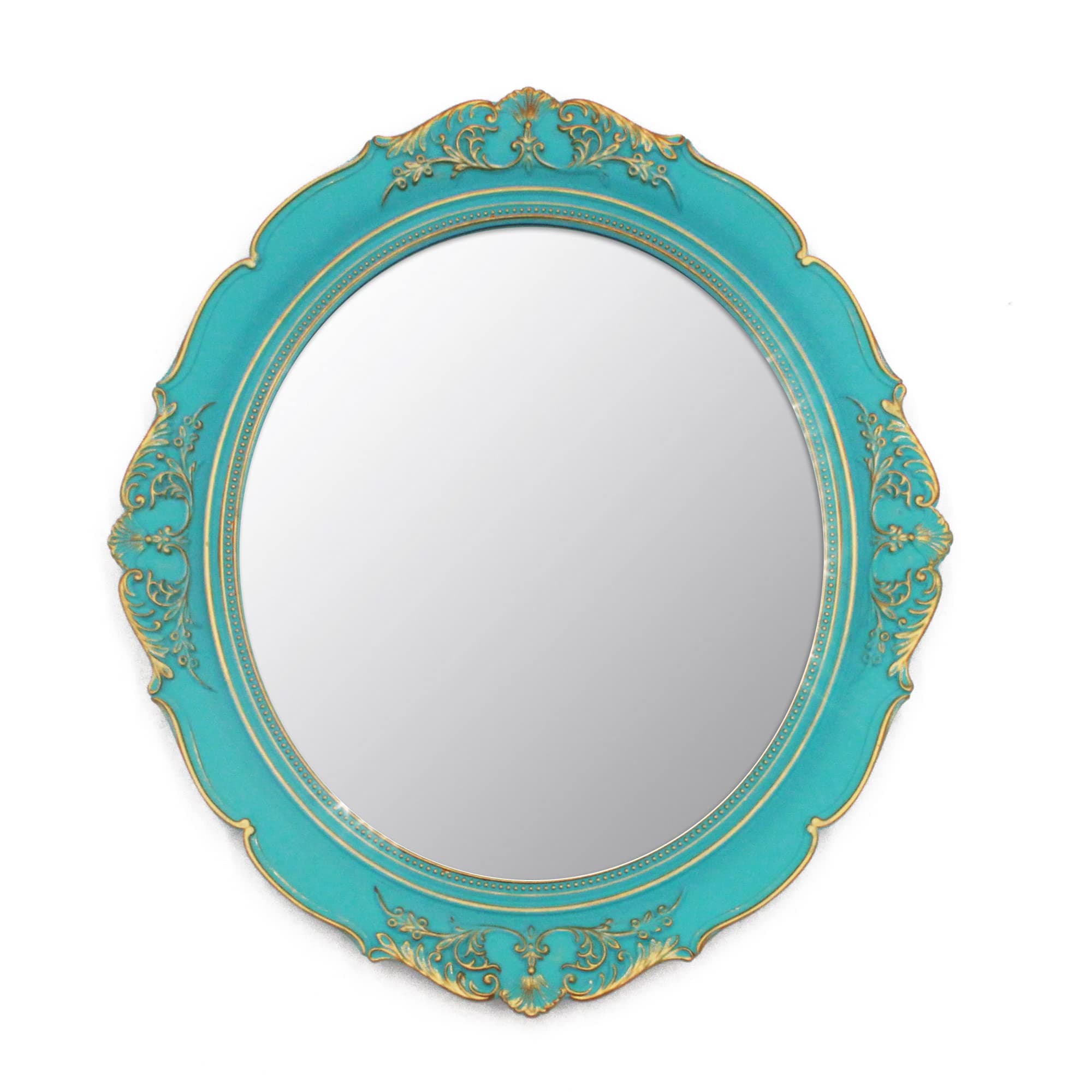 Eaoundm 13.1 x 14.8 inchs Decorative Wall Mirror,Vintage Hanging Mirrors for Bedroom Living-Room Dresser Decor Oval Blue Plastic Frame