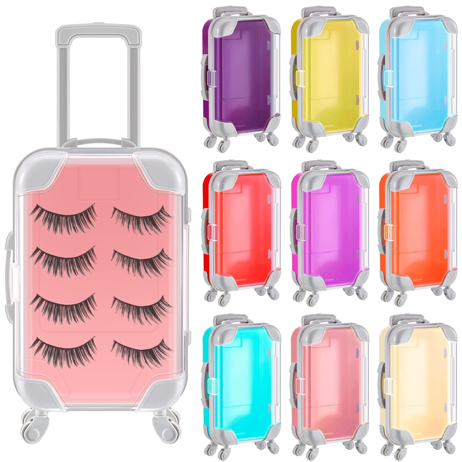 TERRIFI12 Pack False Eyelashes Packaging Box Plastic Mini Suitcase Favor Box Rolling Empty Lash Boxes Trolley Tiny Suitcase Miniature Candy Box for Travel Theme Parties and Celebrations