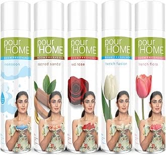 POUR HOME Monsoon, Sandal,Rose, Fusion,Flora Spray Room Freshener Spray - 270ML Each (Combo of 5) | Reduces Odours - Suitable for Home & Office