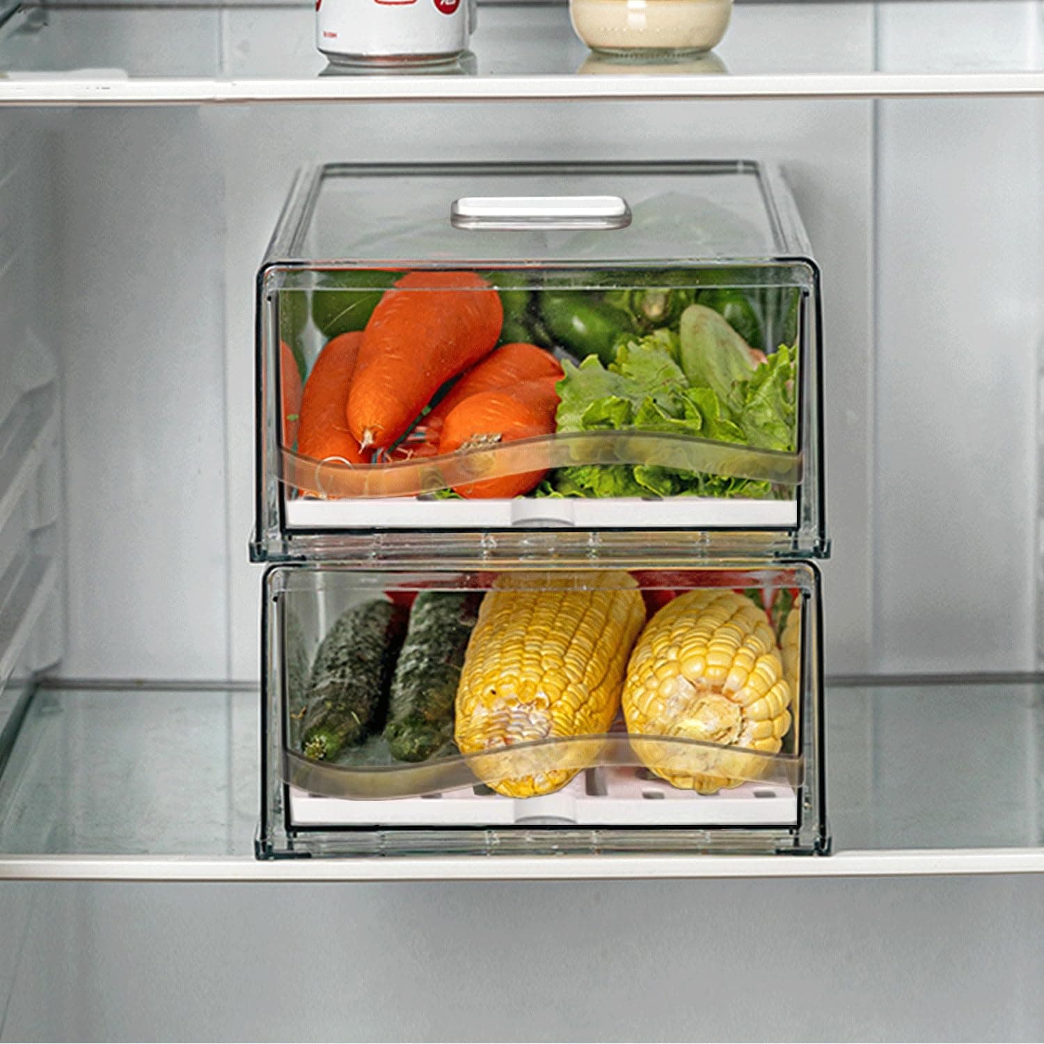 Yatmung Refrigerator Organizer Bin with Ventilation System - Clear pull out fridge storage drawers stackable plastic -Vegetable, deli, freezer, kitchen - Refrigerator Organizing and storage ( 2 Pack )