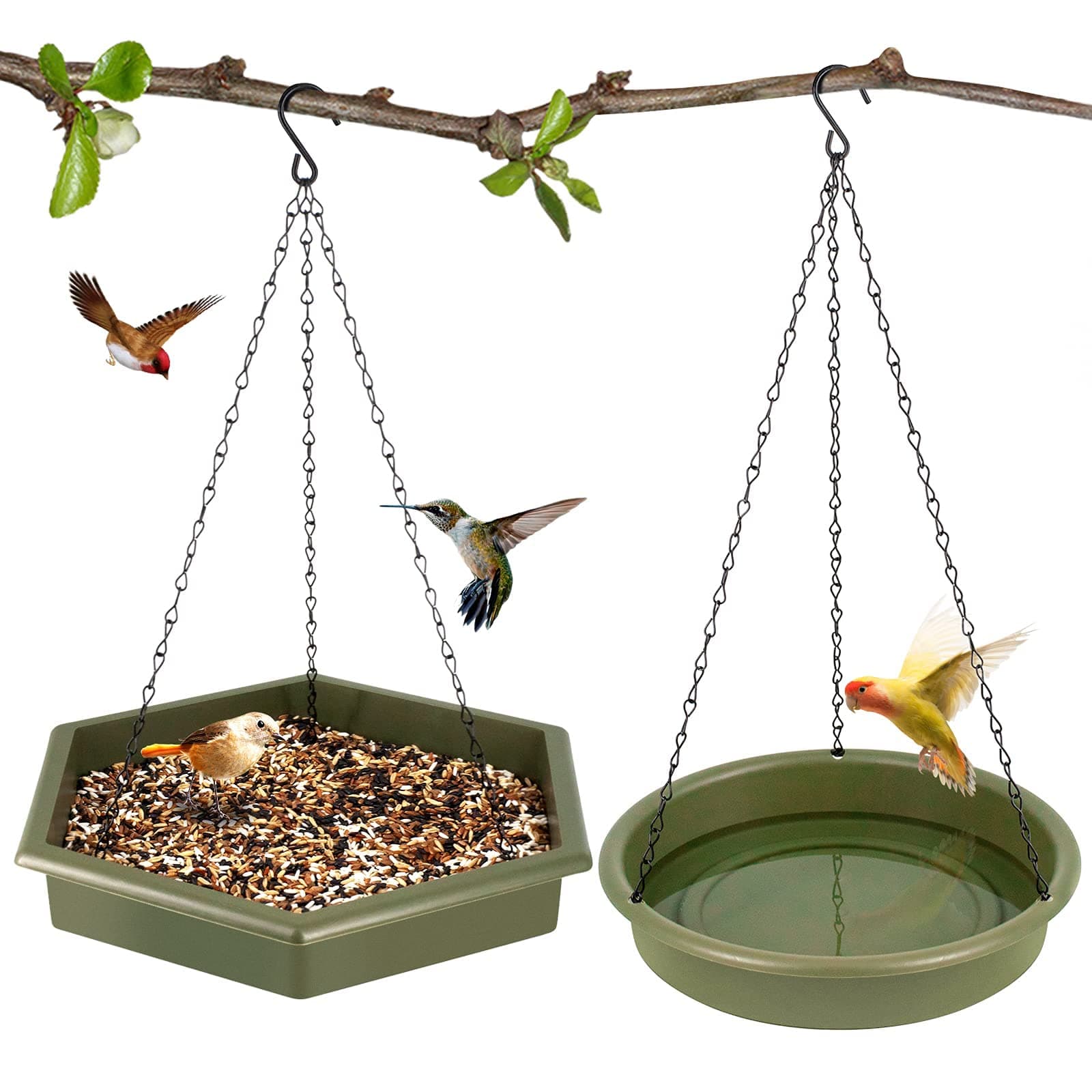 MAKINGTEC Hanging Bird Bath Bird Feeder, 2 in 1 Bird Basin Outdoor Bird Bath Bird Feeder, Made of Plastic with Rustproof Black Chain for Garden Patio Patio Decoration