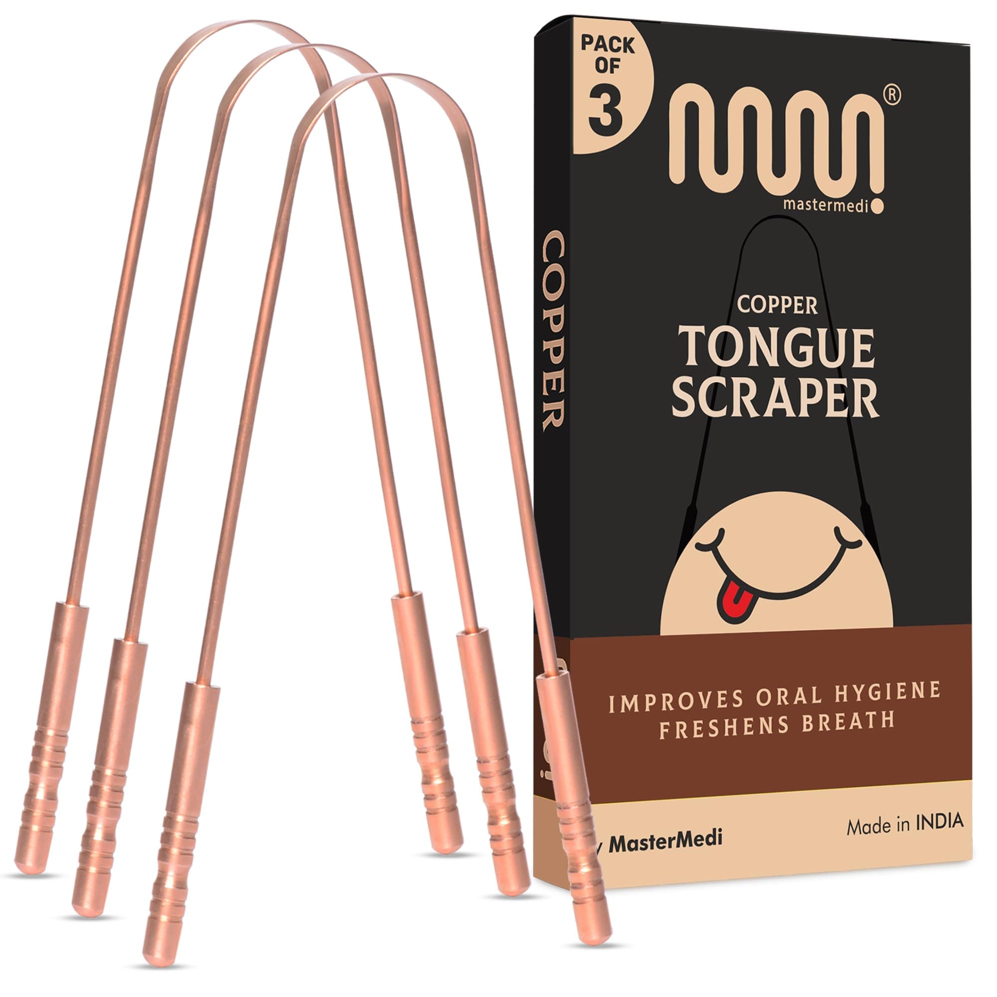 MasterMedi Pure Copper Tongue Scraper for Adults, Tongue Scrubber for Bad Breath, Easy to Use, Tongue Cleaner for Oral Care & Hygiene (Copper Pack of 3)
