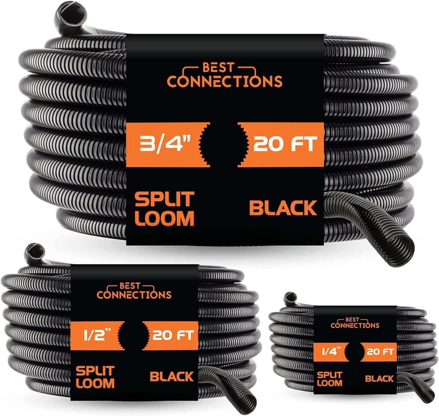 Best Connections 20 Ft Split Loom 1/4" 1/2" 3/4" Black Wire Harness Wrap Cover Sleeve Conduit