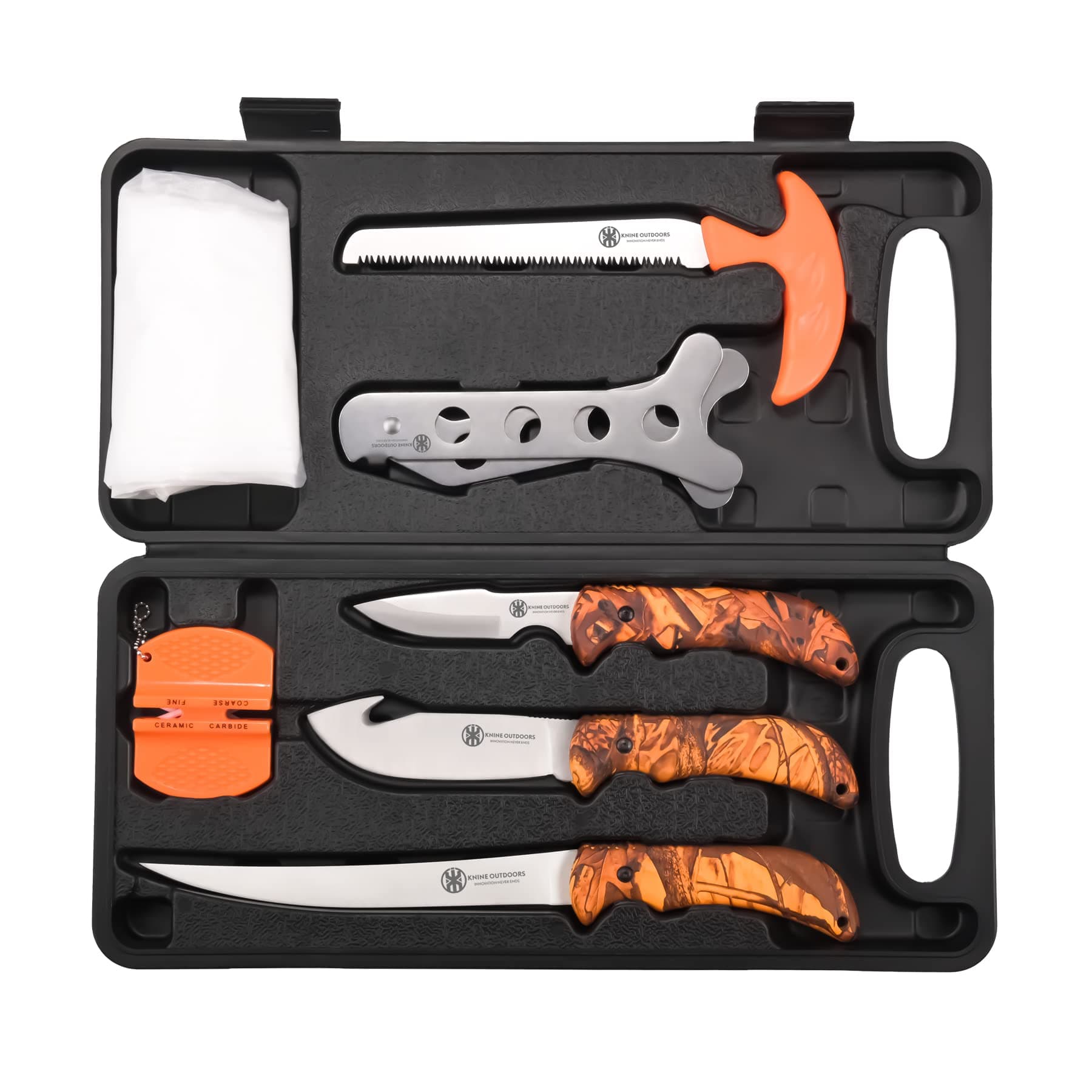 Hunting Deer Knife Set Field Dressing Kit Portable Game Processor Set Red Maple Camo Handle, 8 Pieces