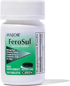 Ferosul - Ferrous Sulfate 325mg Tablets with 65mg of Elemental Iron - Iron Supplement for Women, Men - Green - 100 Count