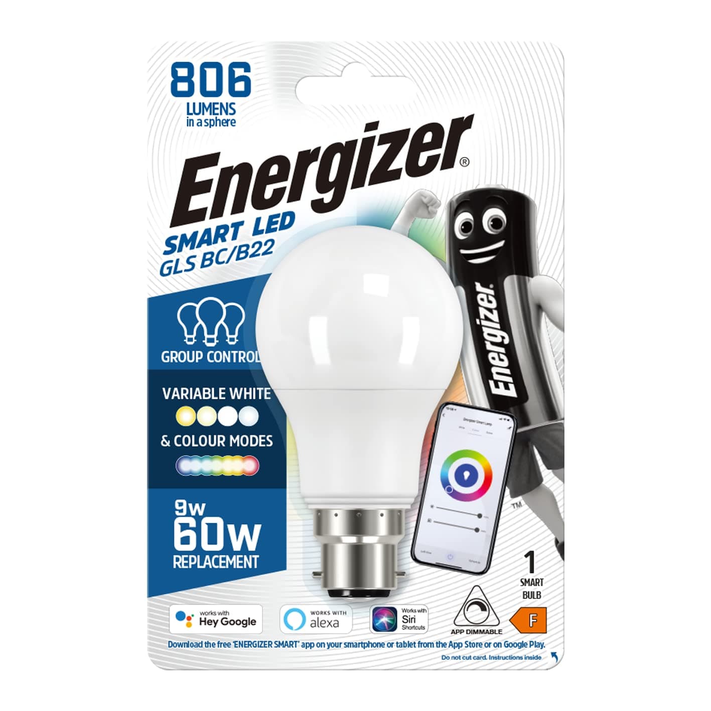 Energizer Smart B22 (BC) GLS 8.5W Colour Changing LED Light Bulb 806lm - Box of 1
