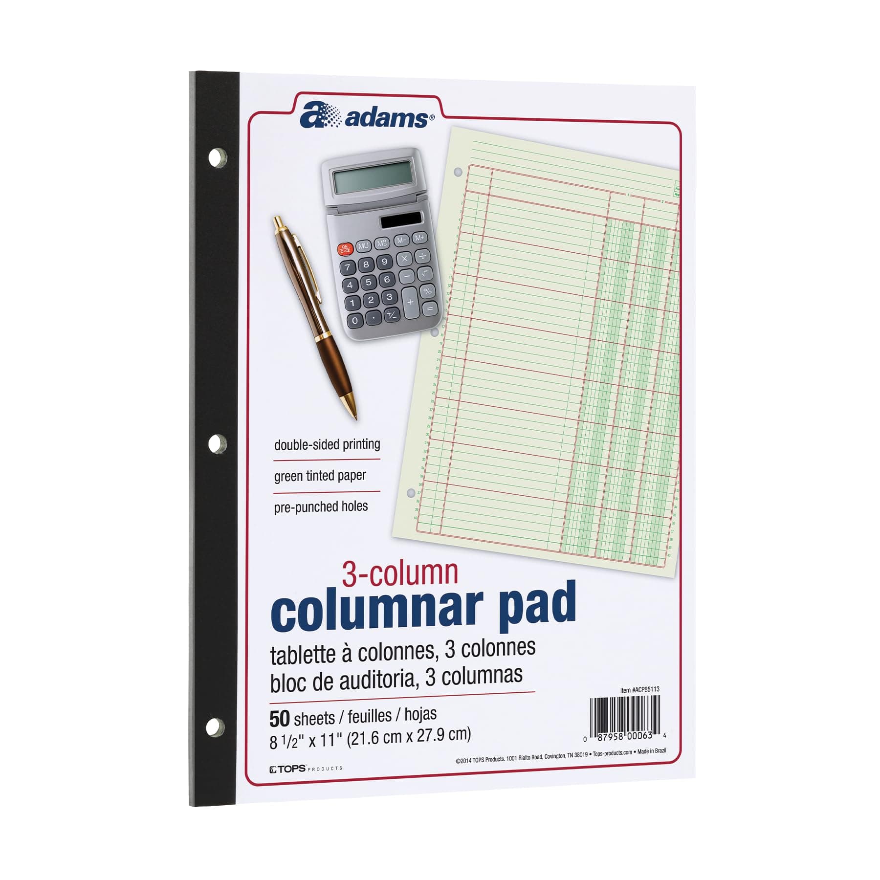 Adams Columnar Analysis Pad, 3 Column, 8 1/2 X 11, Single Page Format, 50 Sheets/pad (ACP85113)