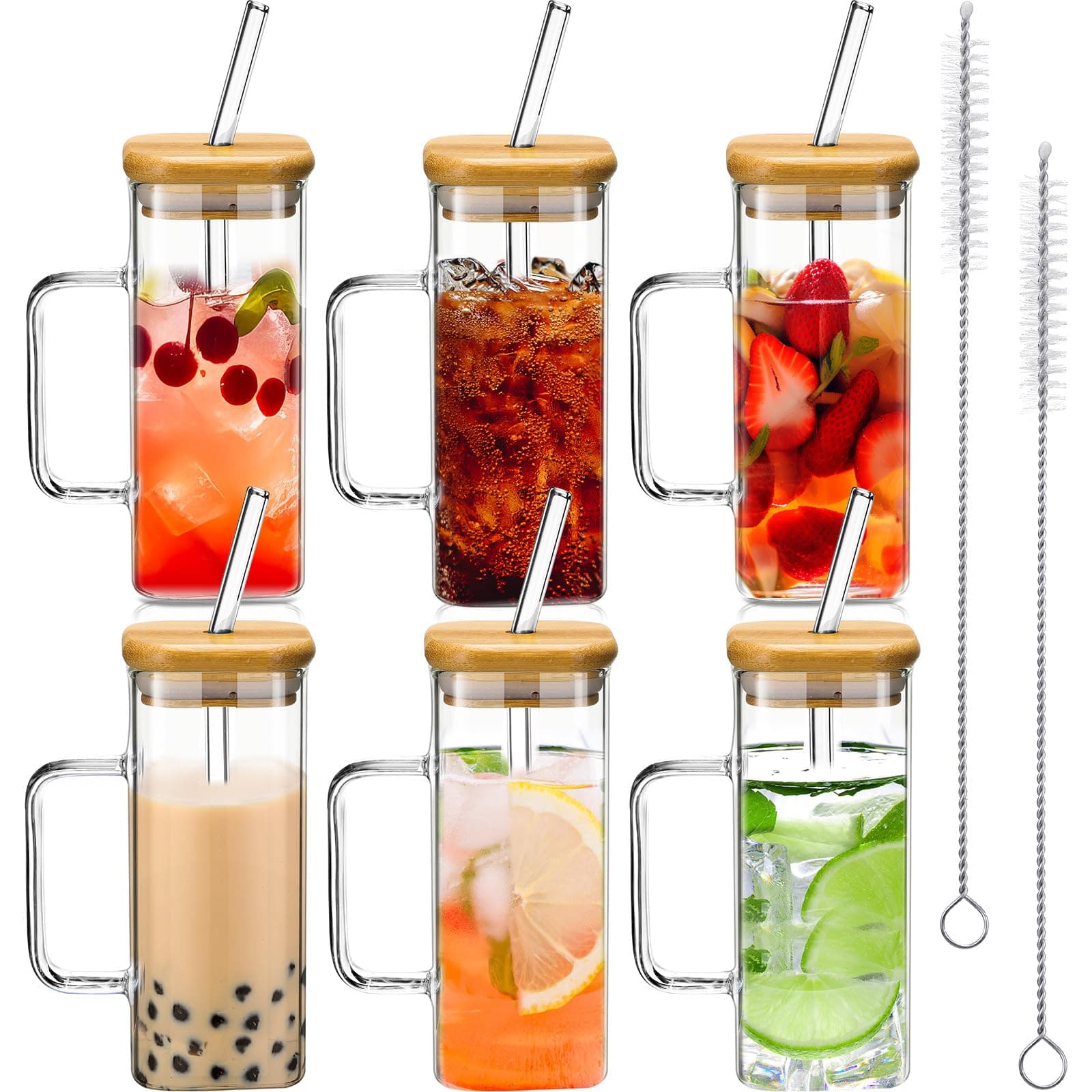 Rtteri 6 Set Square Drinking Glass Cups with Bamboo Lid Straw and Handle Appreciation Gifts for Employee Coworker Portable Coffee Mugs(16 oz, Medium,Clear)