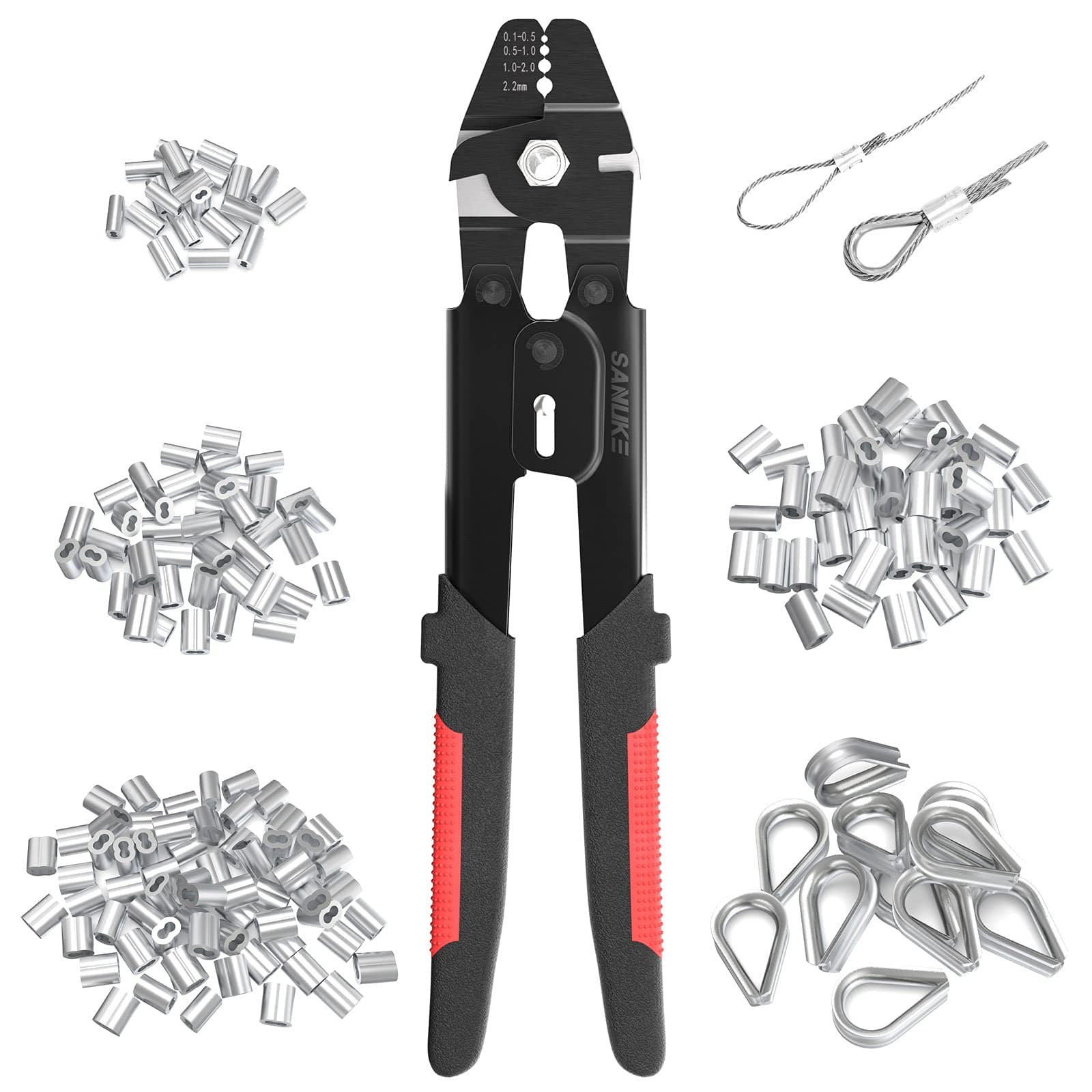 Sanuke Wire Rope Crimping Tool for 3/64 1/16 5/64 inch Aluminum Crimping Loop Sleeves Kit with 160pcs Aluminum Crimping Loop Sleeve and 10pcs Stainless Steel Thimble