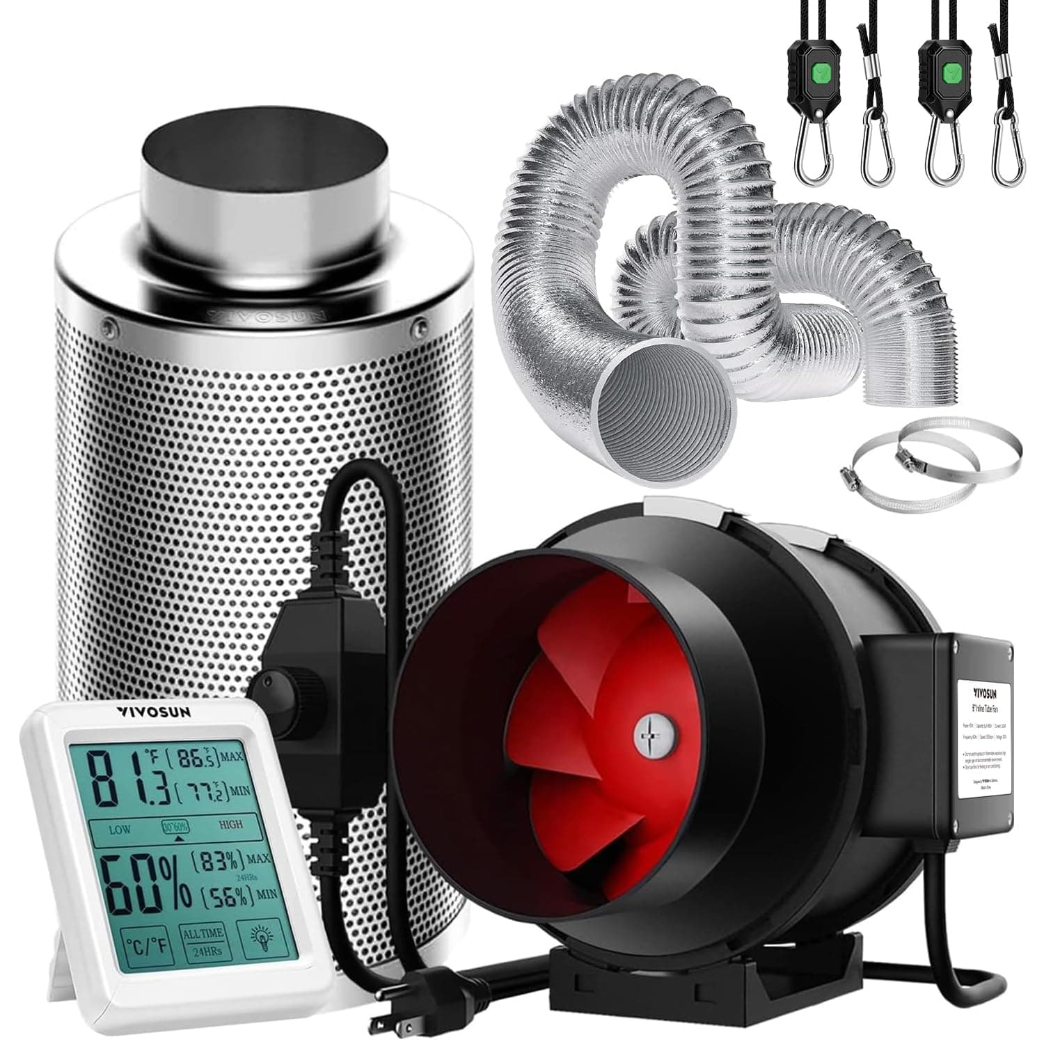 VIVOSUN Inline Duct Fan 6 Inch 390 CFM with Speed Controller, 6 Inch Carbon Filter and 8 Feet of Ducting, Temperature Humidity Monitor for Grow Tent, Greenhouse Ventilation
