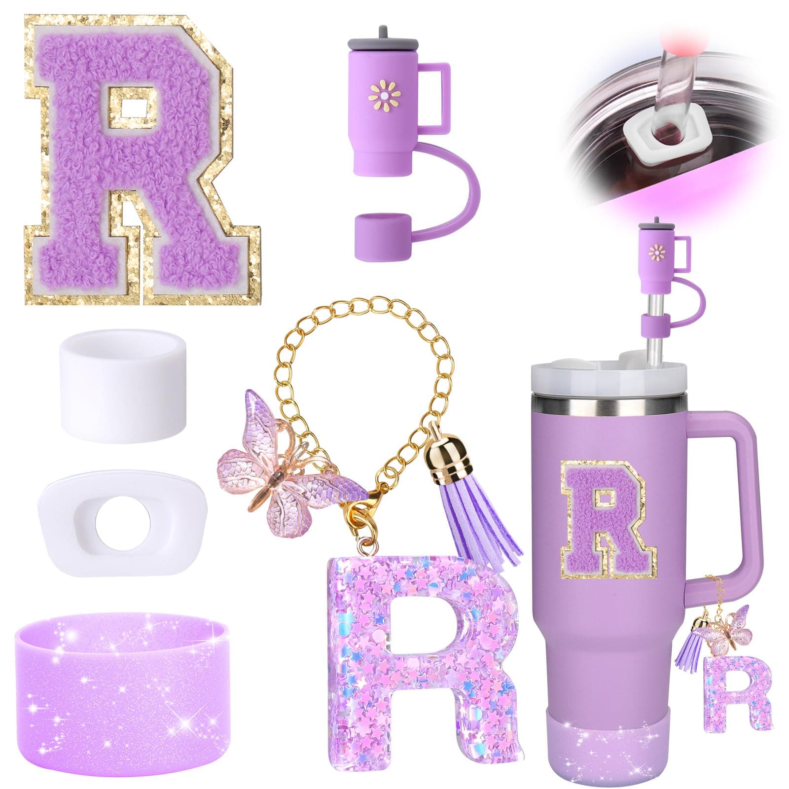 Mity rain 6PCS Cup Accessories Set for Stanley Cup 30oz 40oz tumbler with handle, Including Silicone Straw Topper Cover Cap and Boot, Spill Proof Stopper, Handle Charm, Initials Sticker (Letter R)