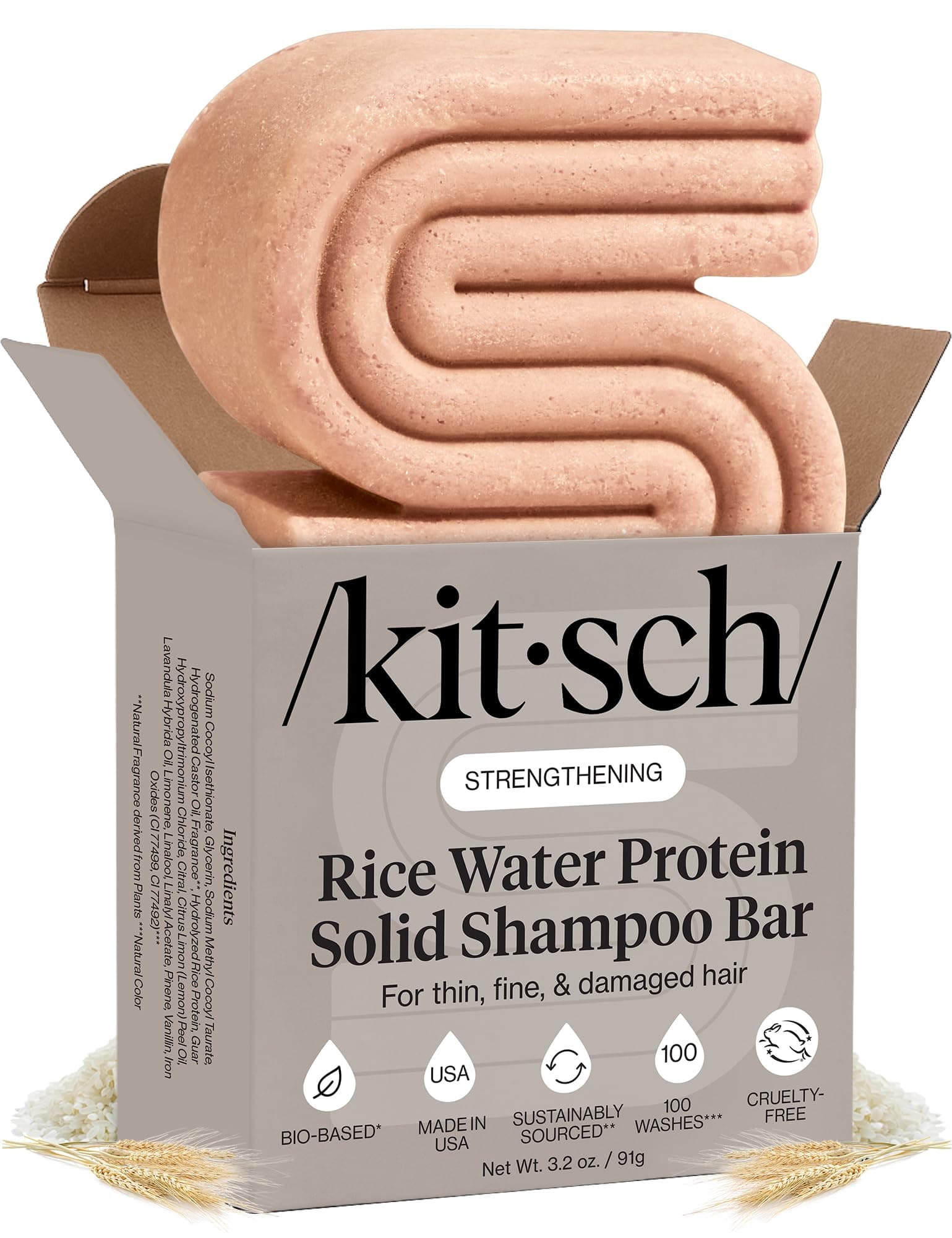Kitsch Shampoo Bar with Rice Water 91g – Solid Bar Shampoo for Hair Thickening, Strengthening and Moisturizing, Rice Water shampoo bars for Thinning Hair, Paraben-Free, Hair Care