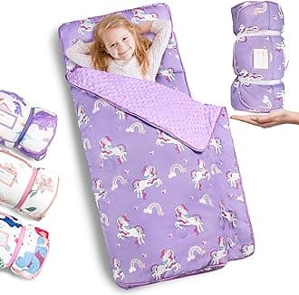 Thickened Toddler Nap Mat with Removable Pillow and Minky Blanket, Extra Large 55''x35'' Sleeping Bag, Washable, Roll up, Perfect for Daycare, Preschool, Kindergarten, Boys and Girls Purple